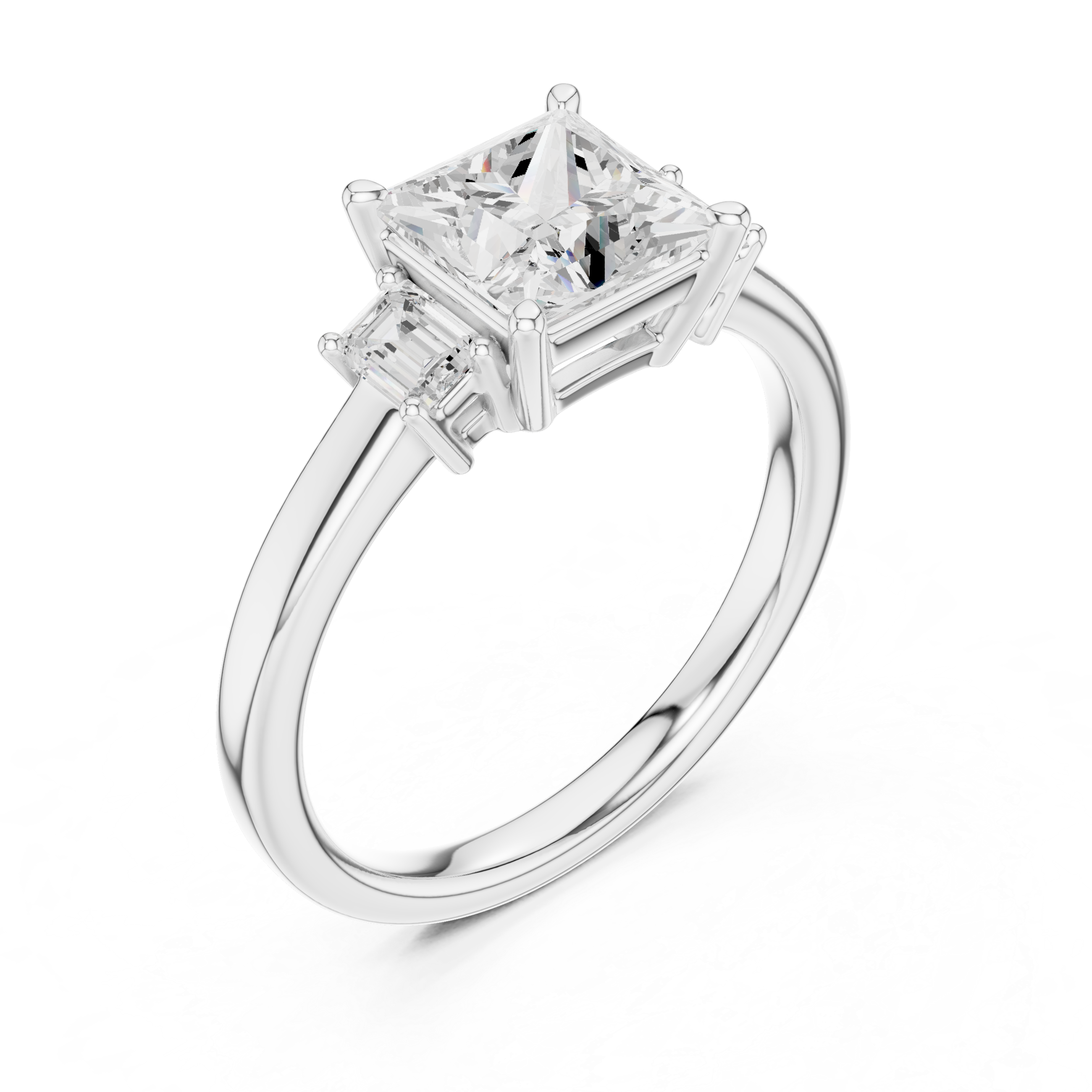 Princess Cut Diamond Three-Stone Engagement Ring with Emerald Side Stones