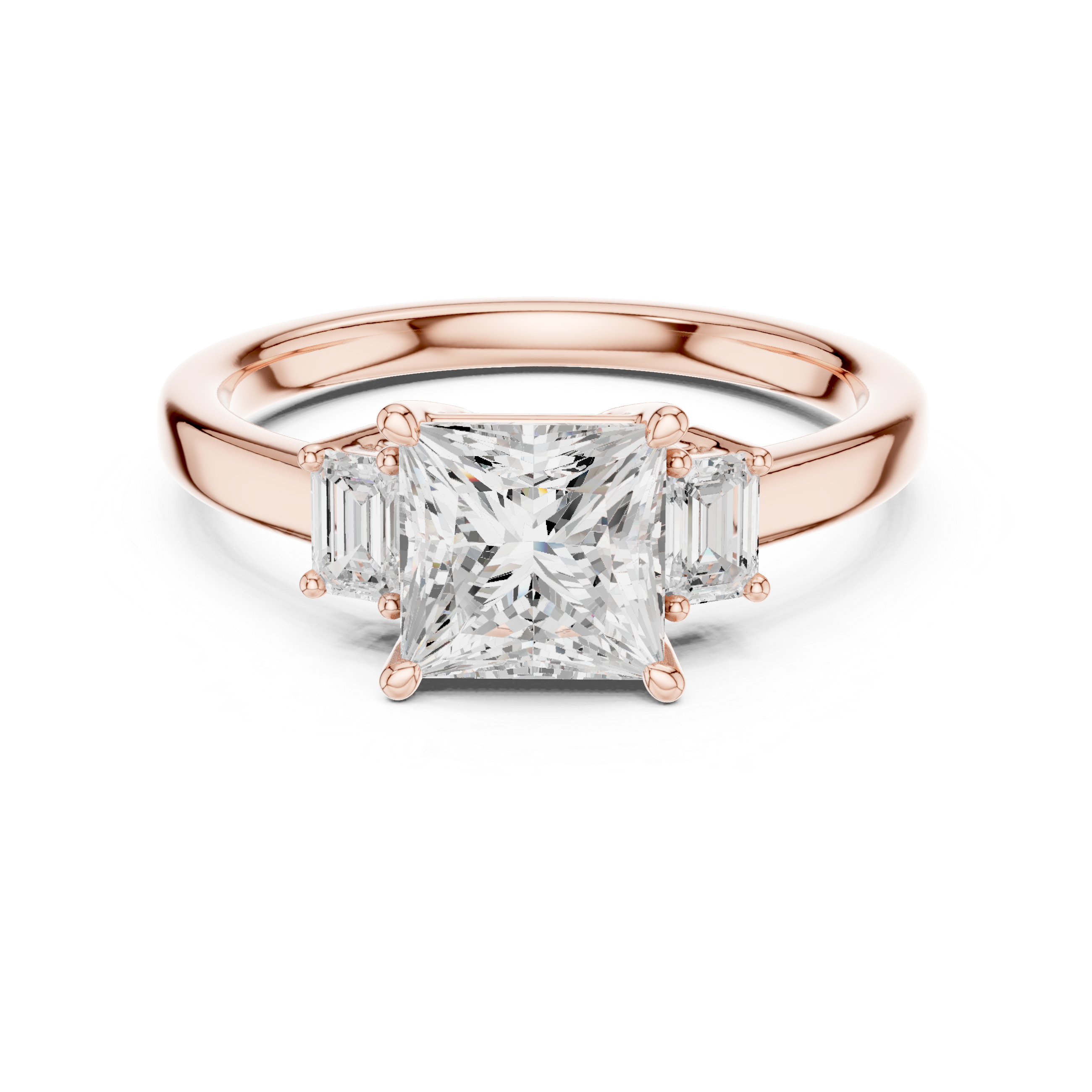 Princess Cut Diamond Three-Stone Engagement Ring with Emerald Side Stones