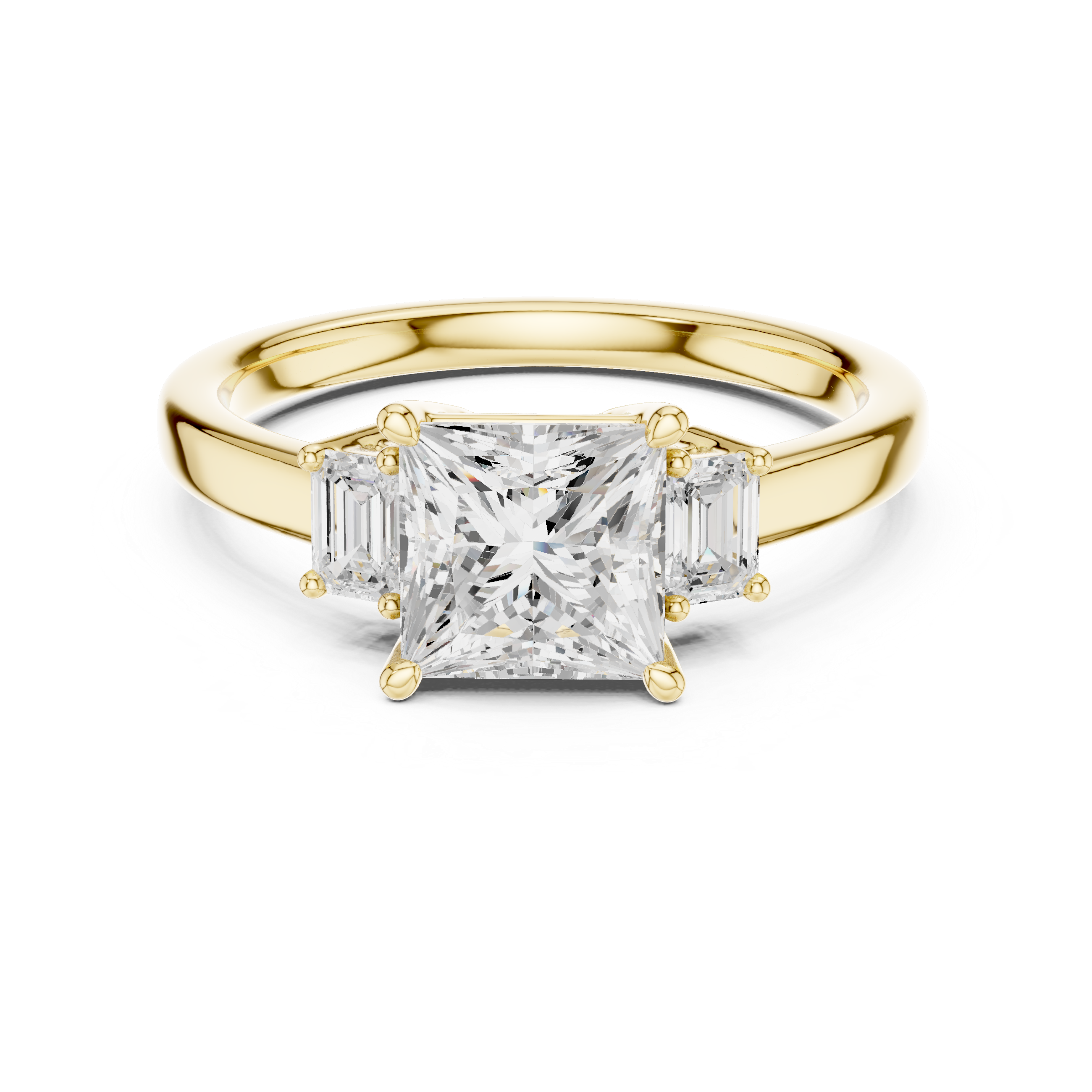 Princess Cut Diamond Three-Stone Engagement Ring with Emerald Side Stones