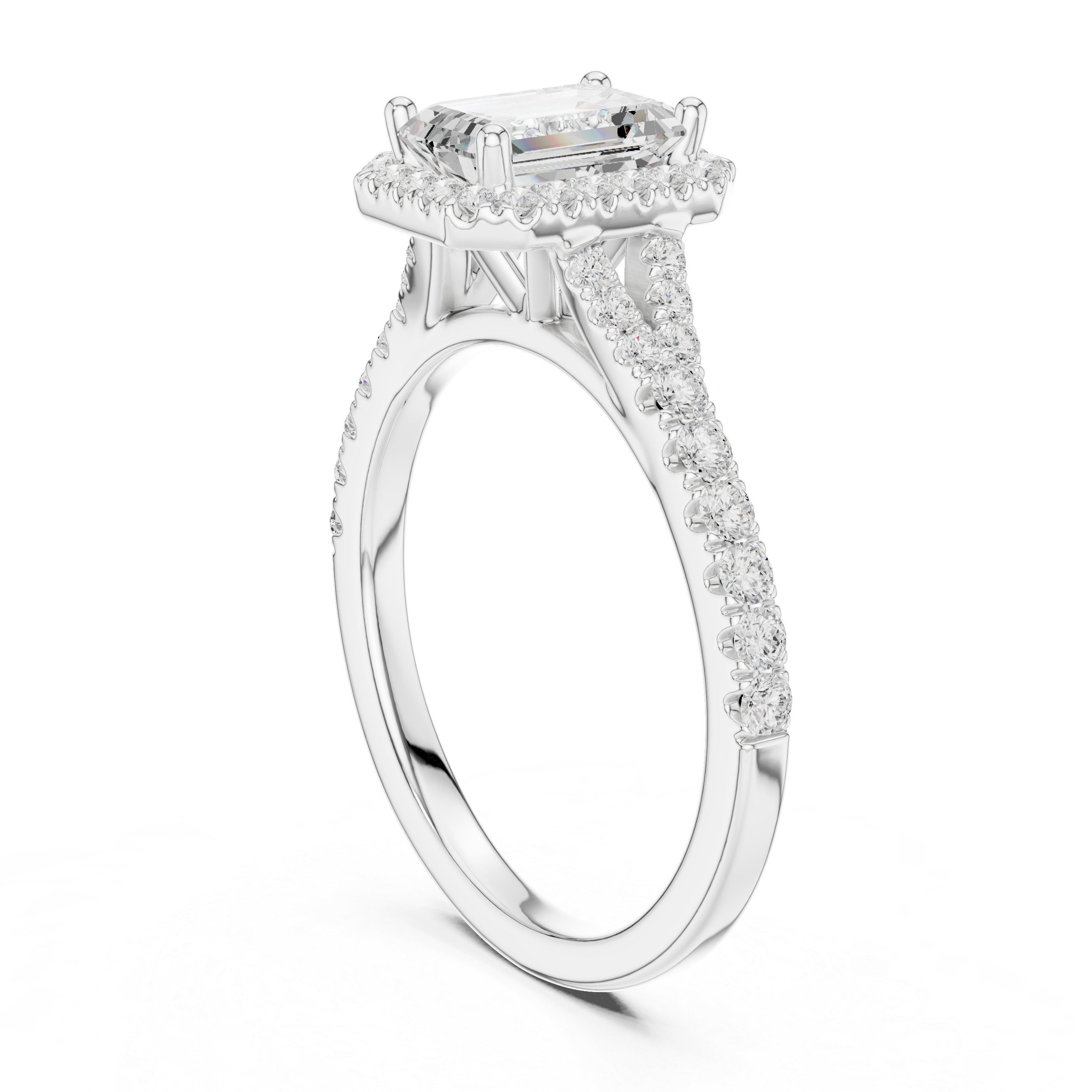 Emerald Cut Halo Diamond Ring – Pavé Band Elegant Luxury Design