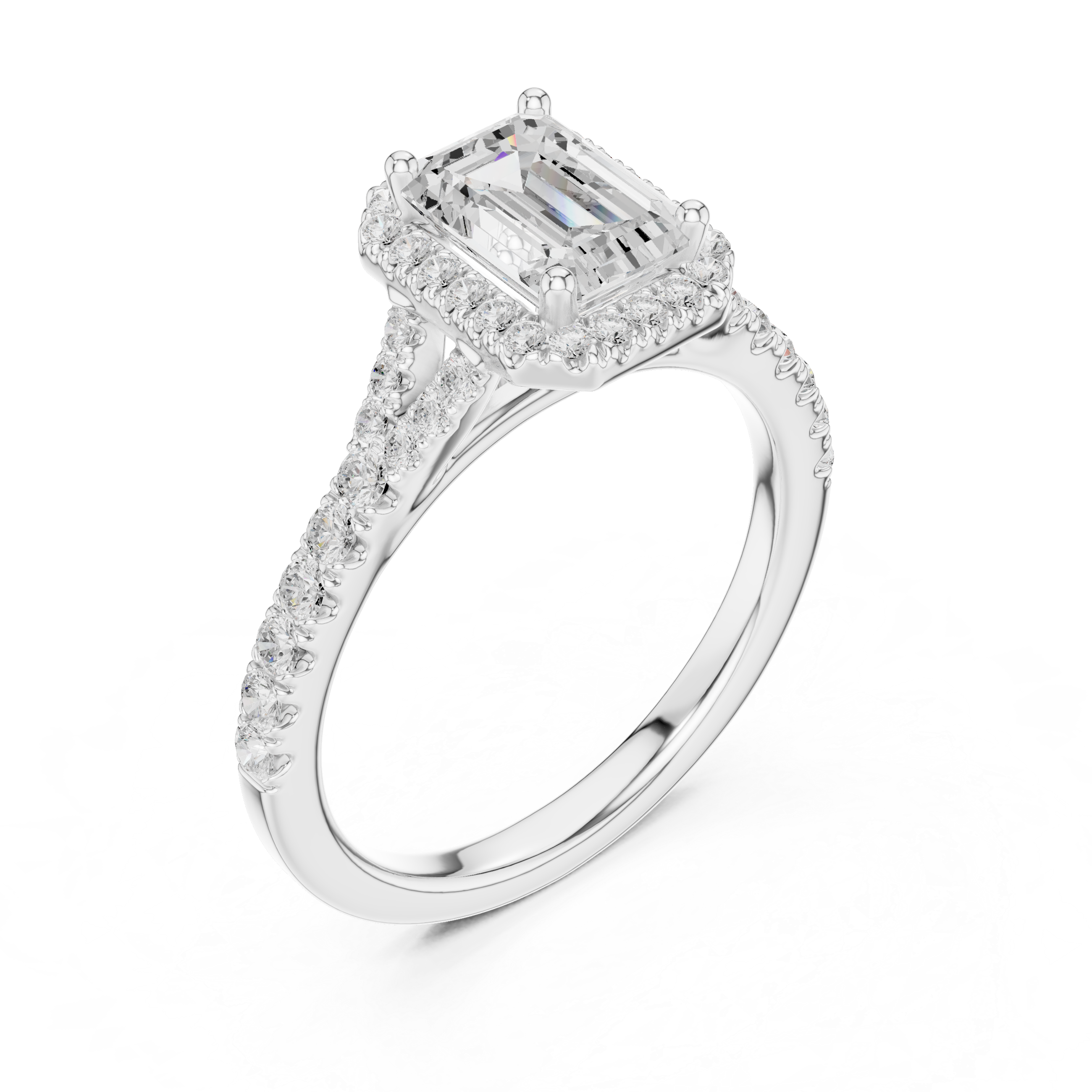 Emerald Cut Halo Diamond Ring – Pavé Band Elegant Luxury Design