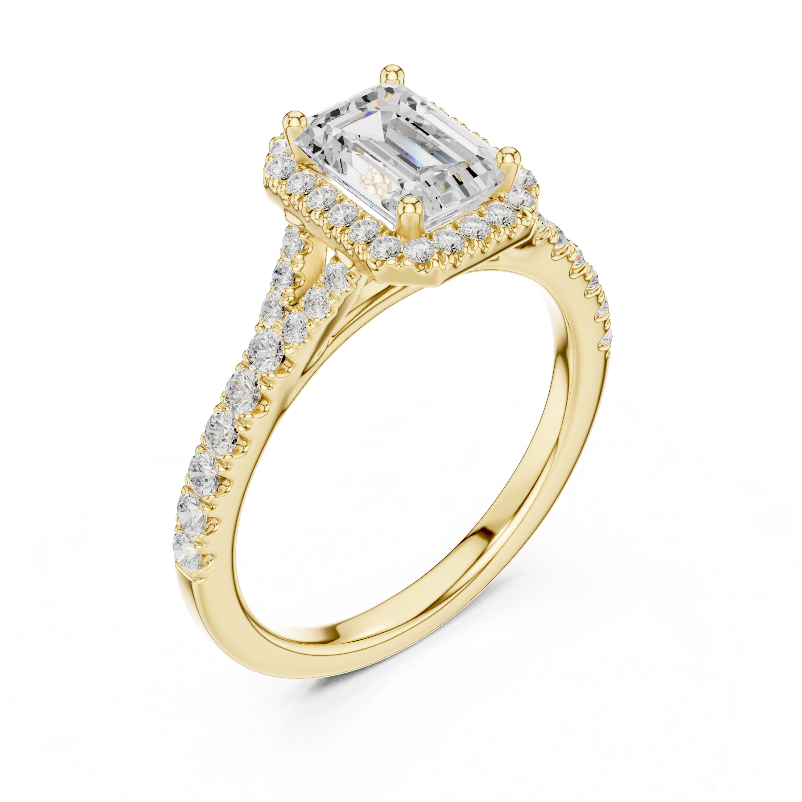 Emerald Cut Halo Diamond Ring – Pavé Band Elegant Luxury Design