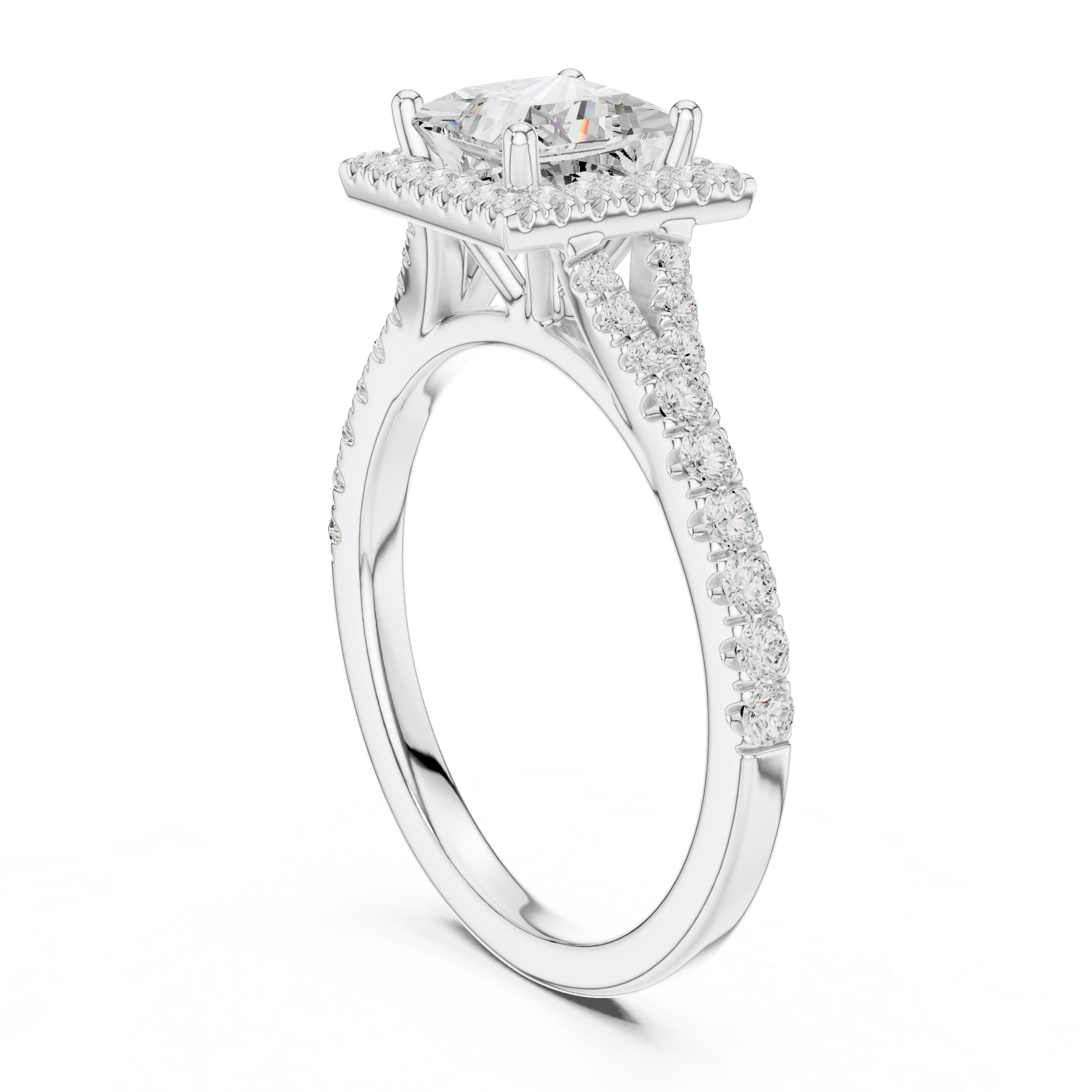 Princess Cut Halo Diamond Ring – Pavé Band Classic Square Elegance