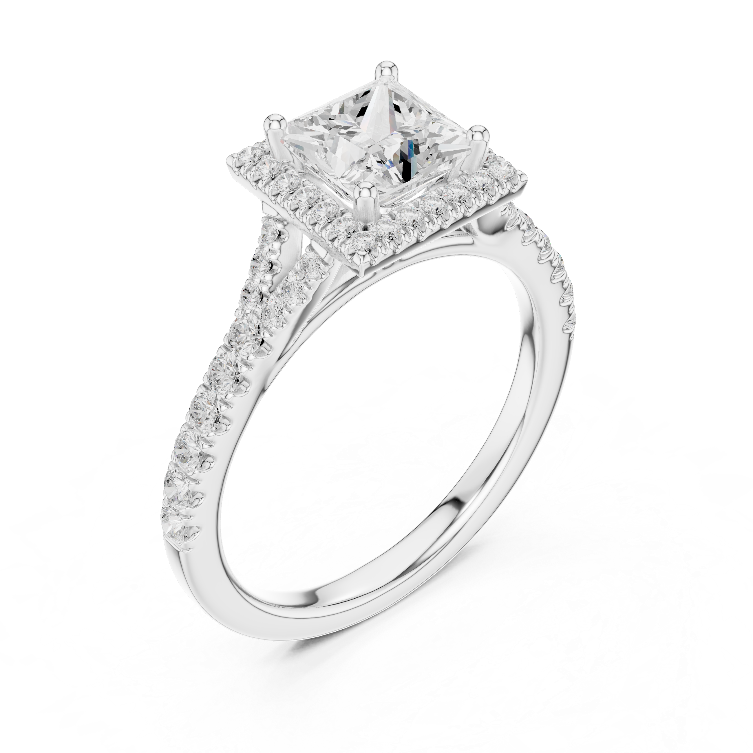 Princess Cut Halo Diamond Ring – Pavé Band Classic Square Elegance