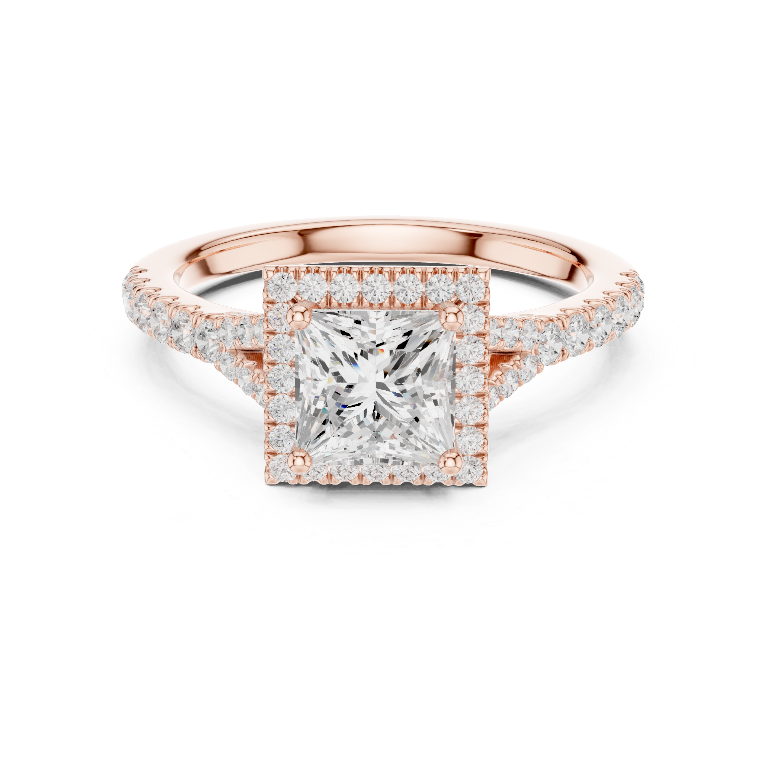 Princess Cut Halo Diamond Ring – Pavé Band Classic Square Elegance