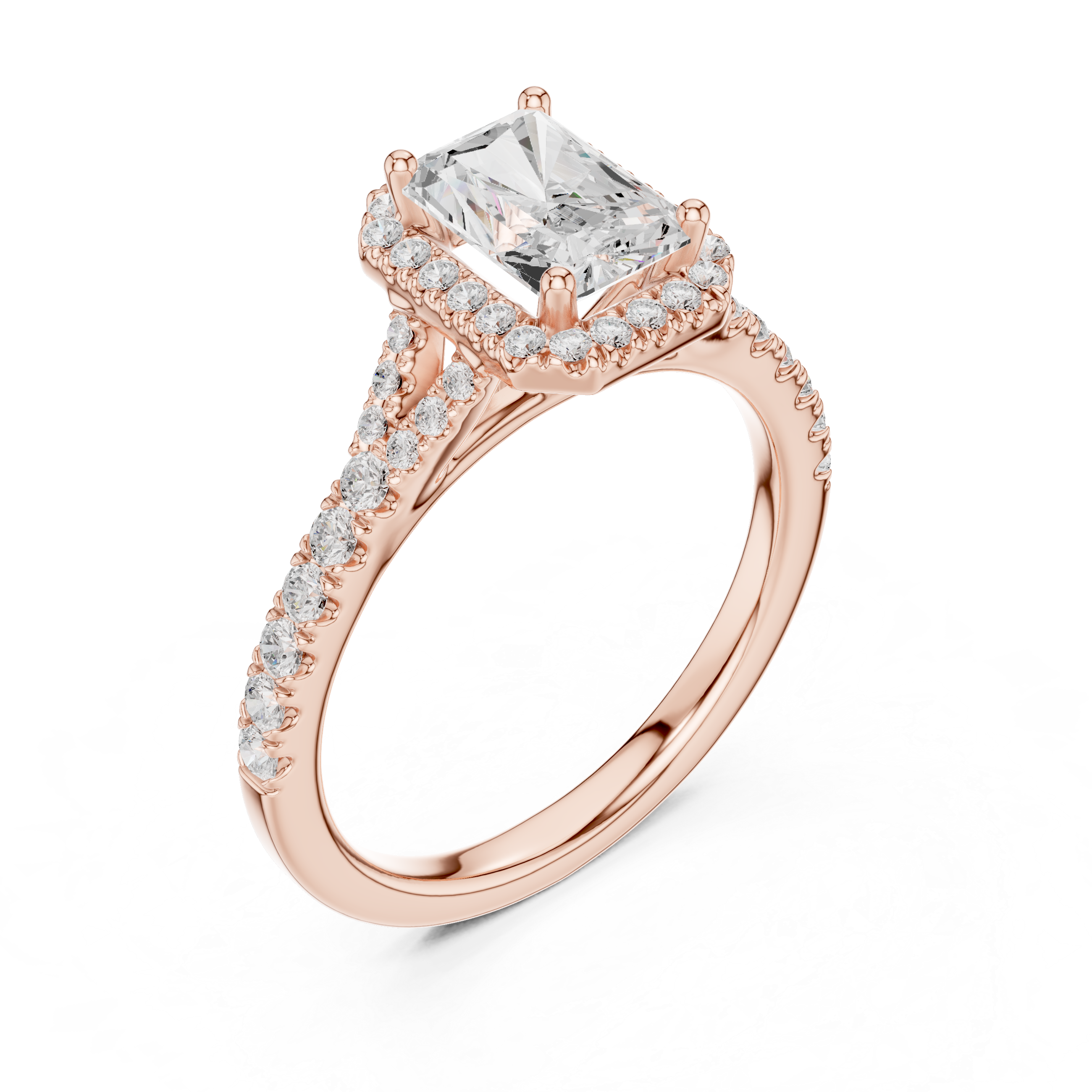 Radiant Cut Halo Diamond Ring – Pavé Band Modern Elegance