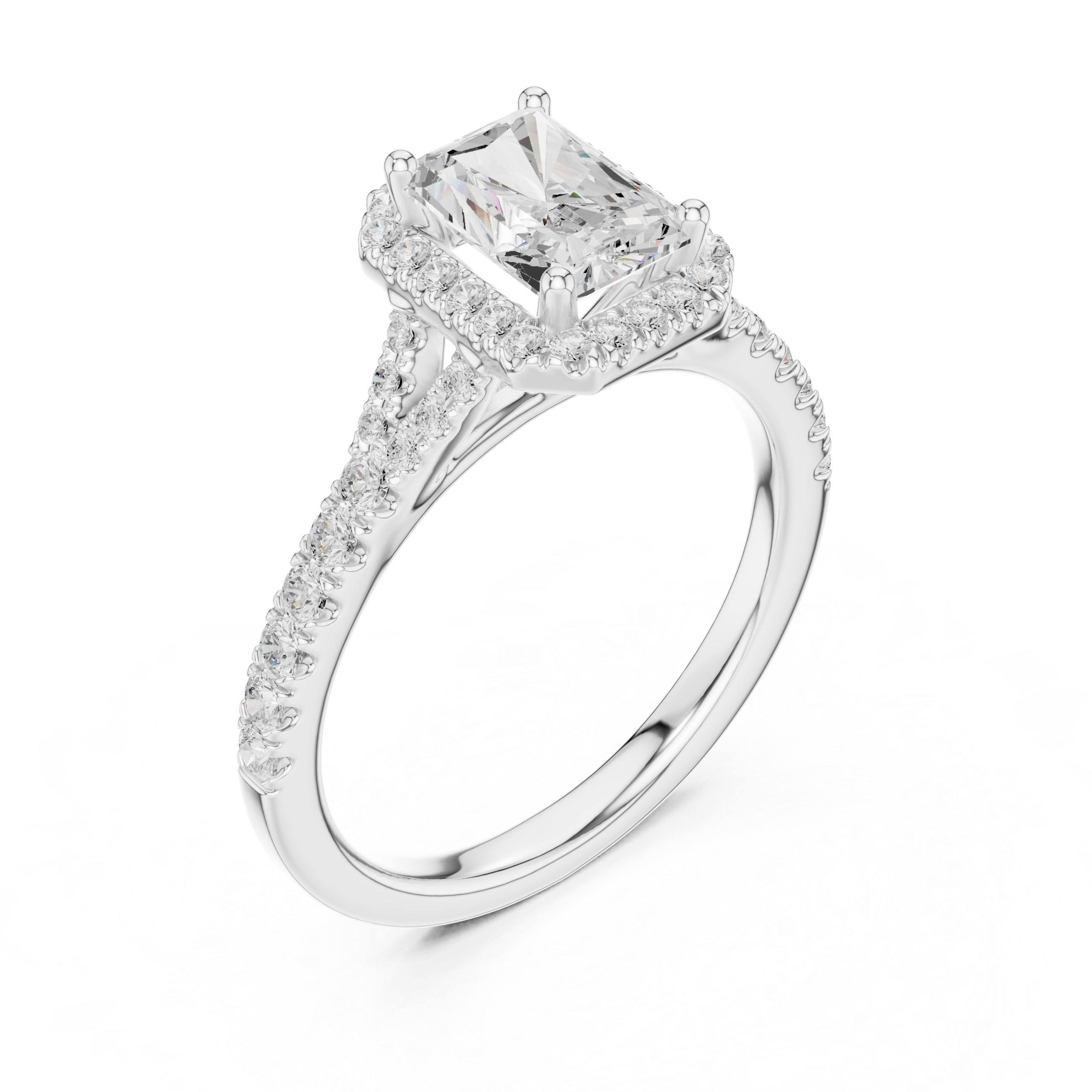 Radiant Cut Halo Diamond Ring – Pavé Band Modern Elegance