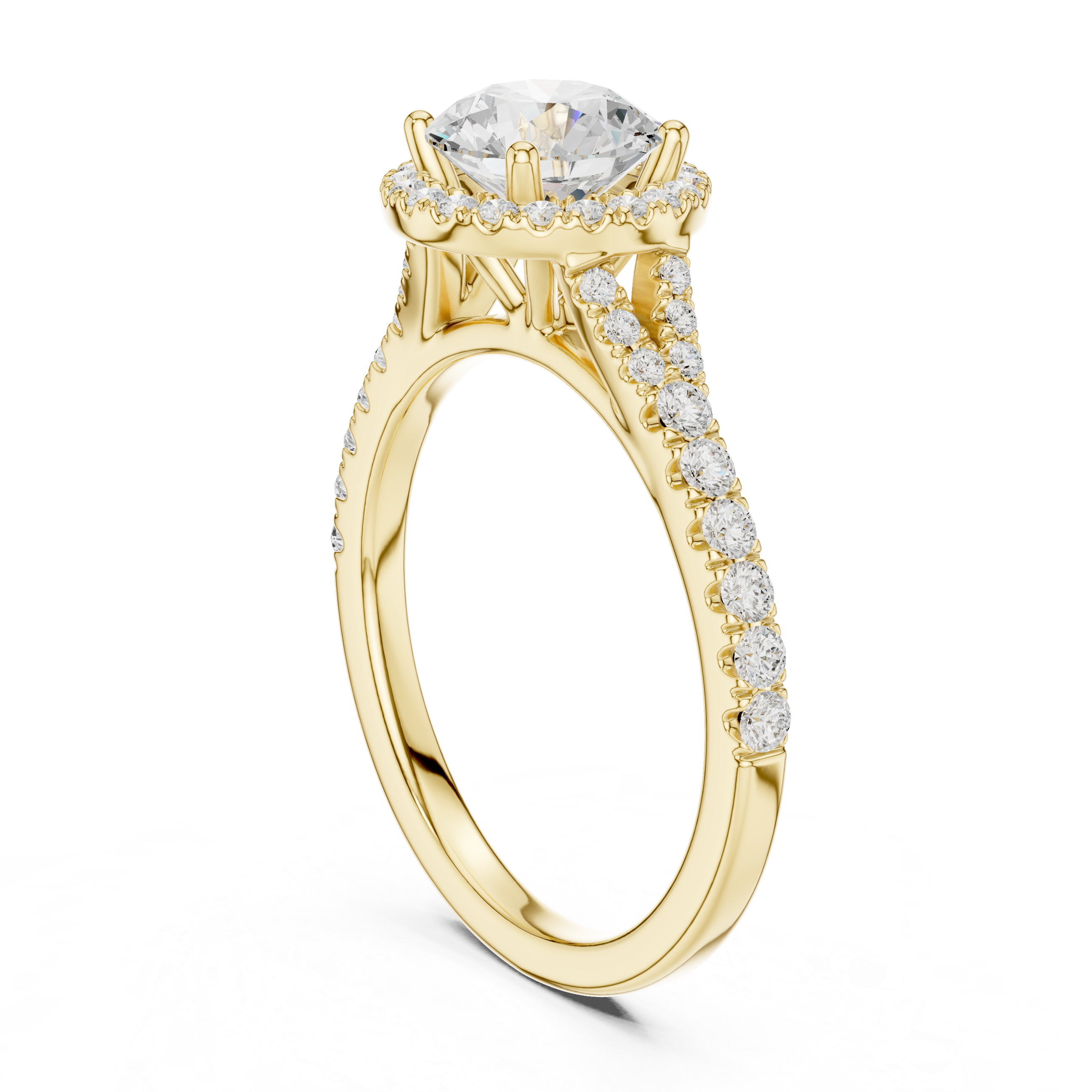 Round Cut Halo Diamond Ring – Pavé Band Timeless Brilliance