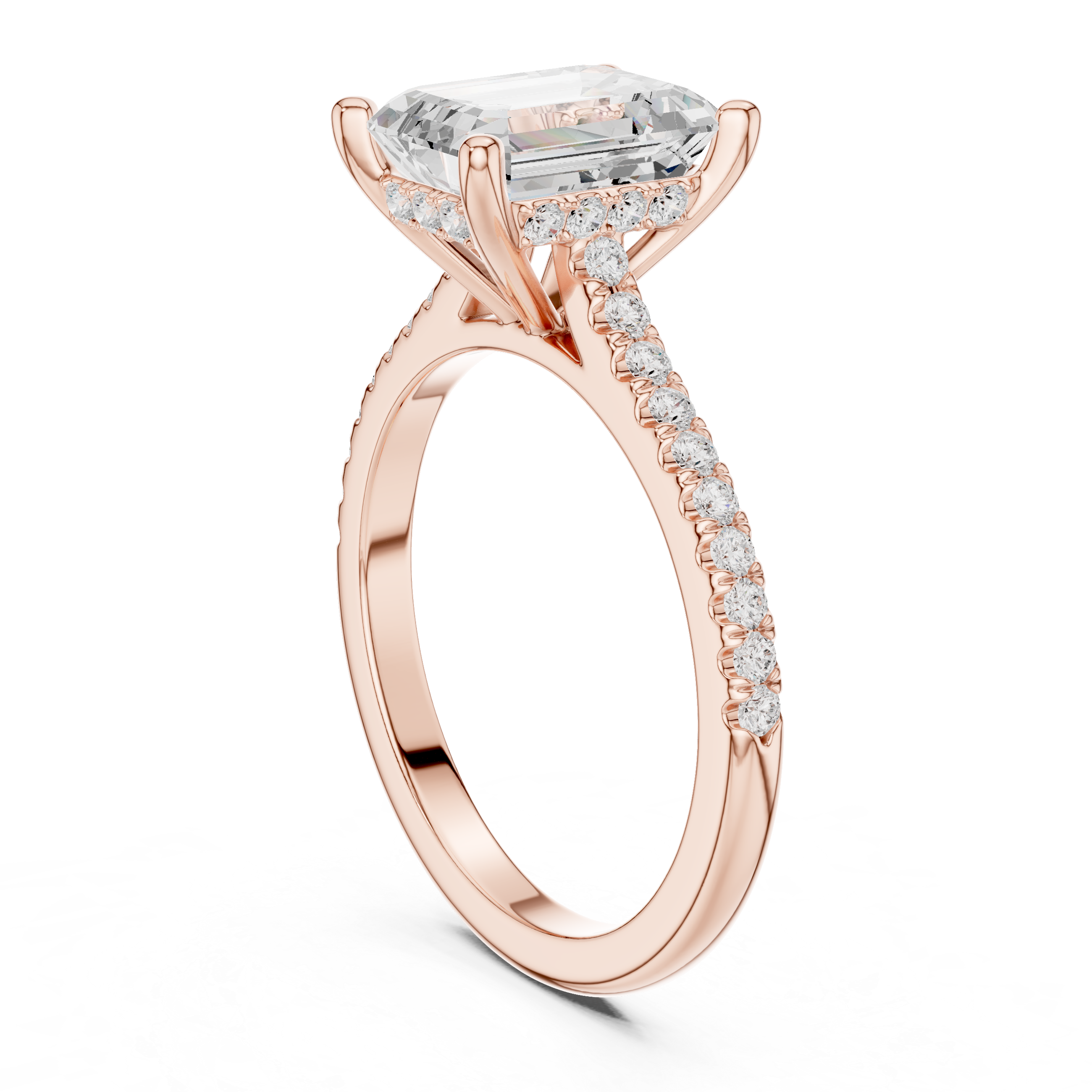 Emerald Cut Solitaire Engagement Ring with Pavé Diamond Cathedral Band
