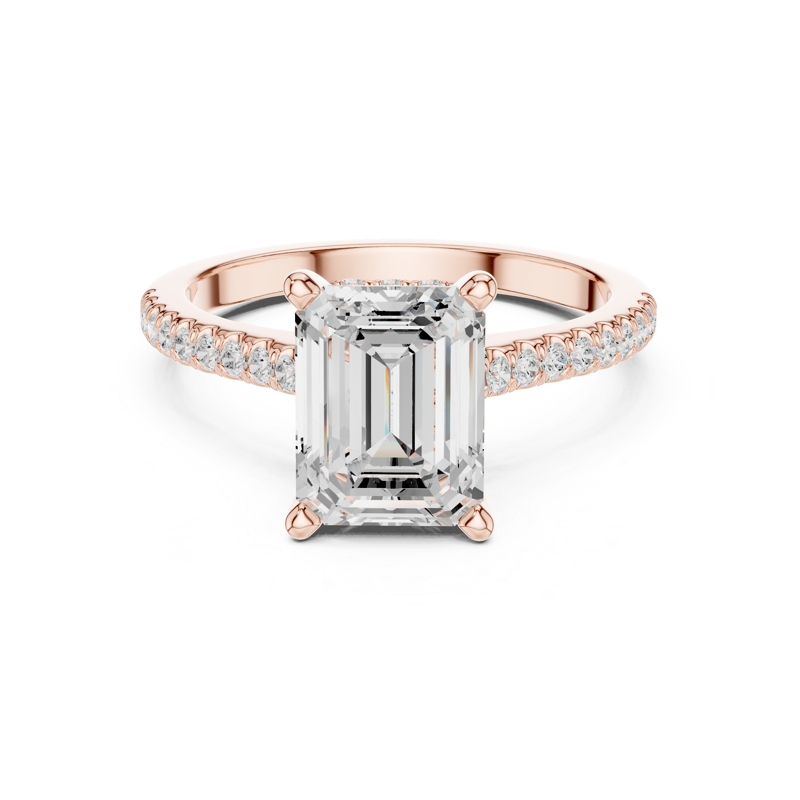 Emerald Cut Solitaire Engagement Ring with Pavé Diamond Cathedral Band