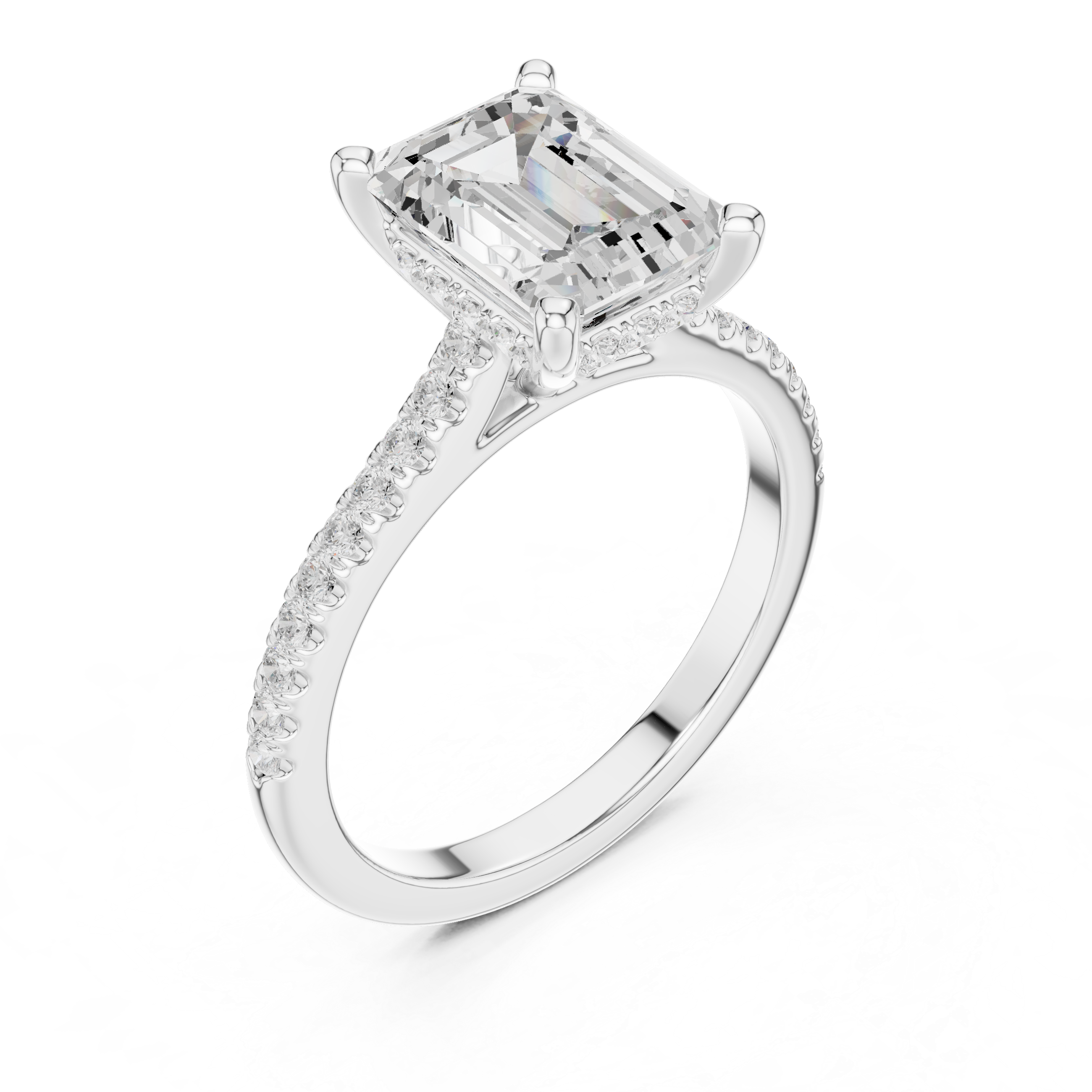 Emerald Cut Solitaire Engagement Ring with Pavé Diamond Cathedral Band