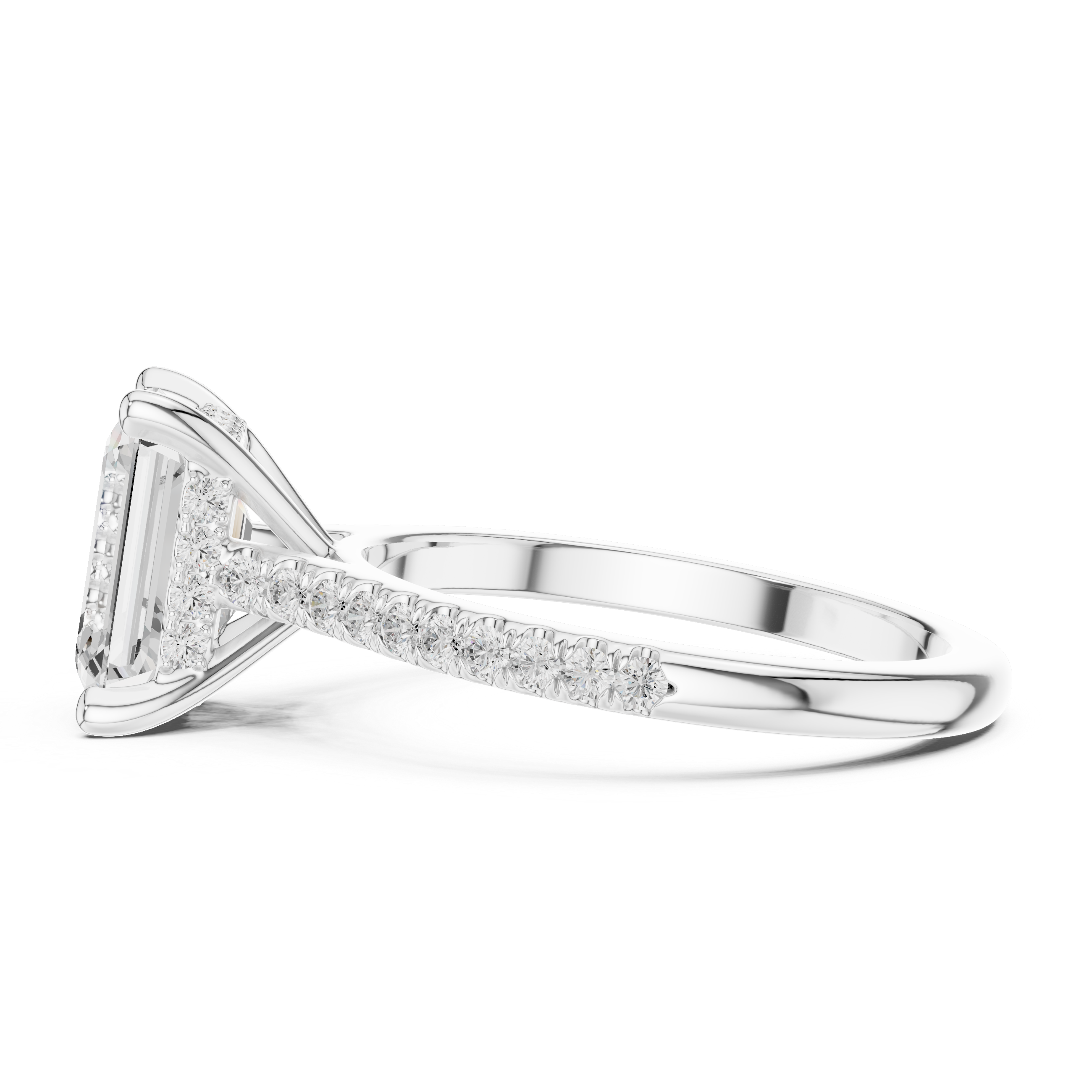 Emerald Cut Solitaire Engagement Ring with Pavé Diamond Cathedral Band