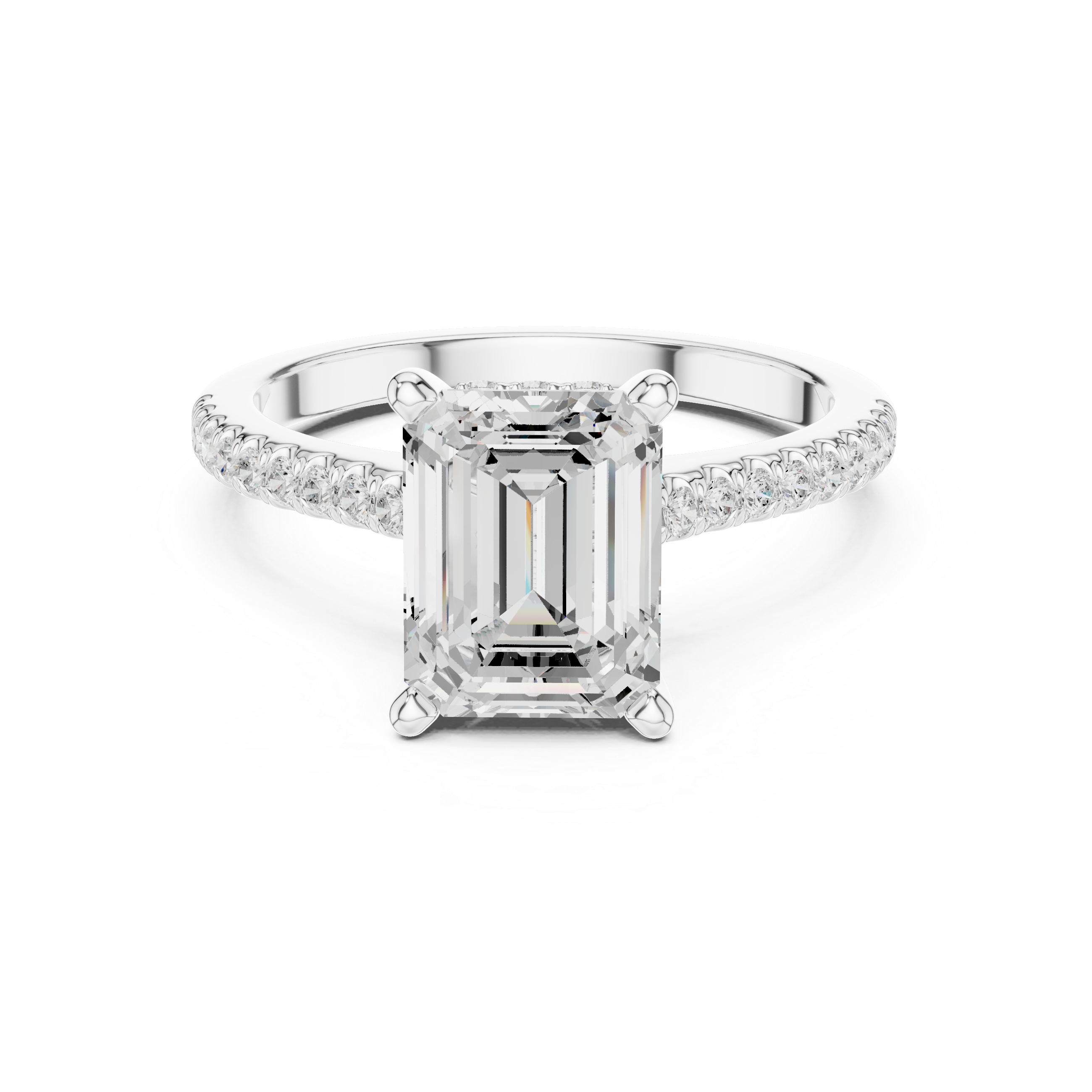 Emerald Cut Solitaire Engagement Ring with Pavé Diamond Cathedral Band