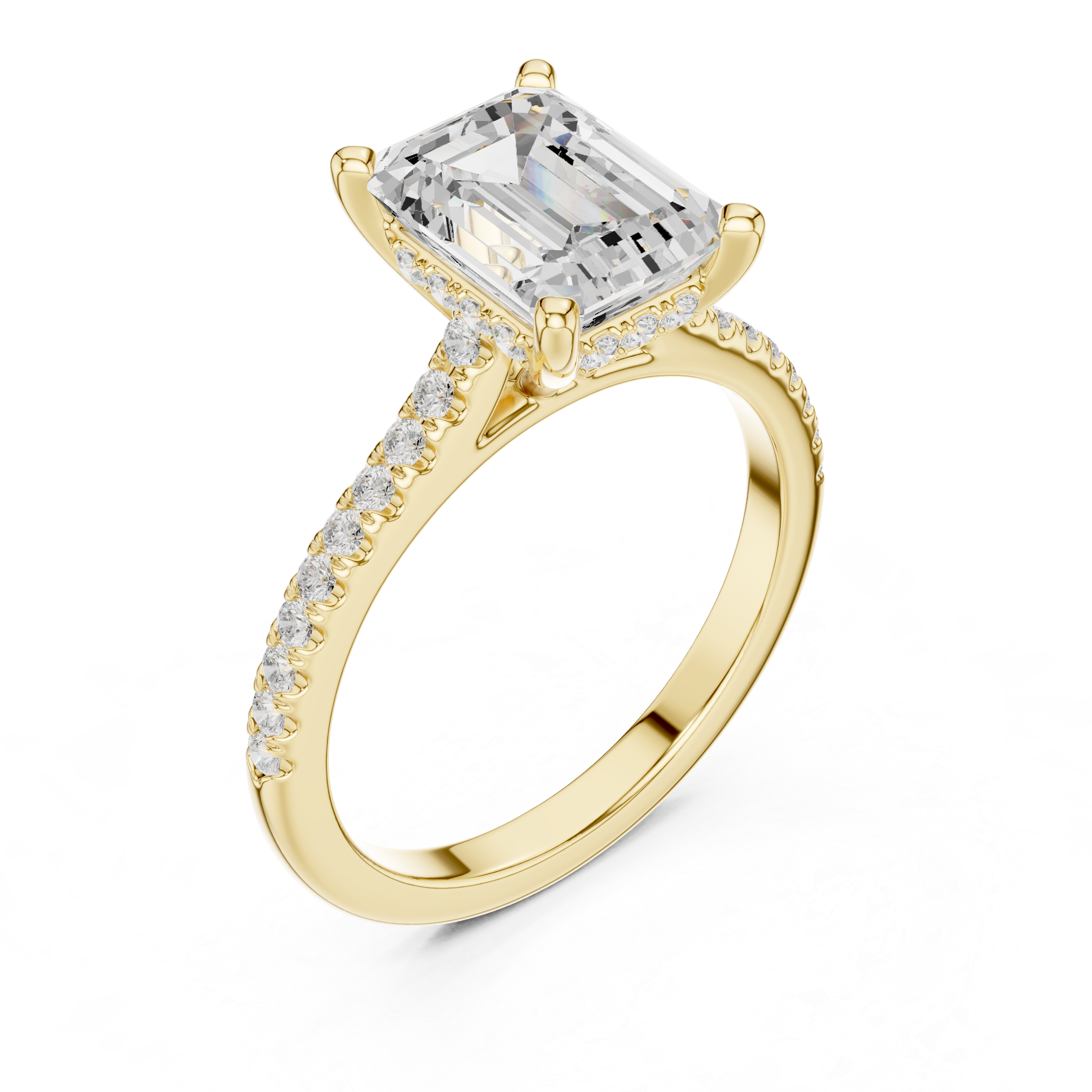 Emerald Cut Solitaire Engagement Ring with Pavé Diamond Cathedral Band