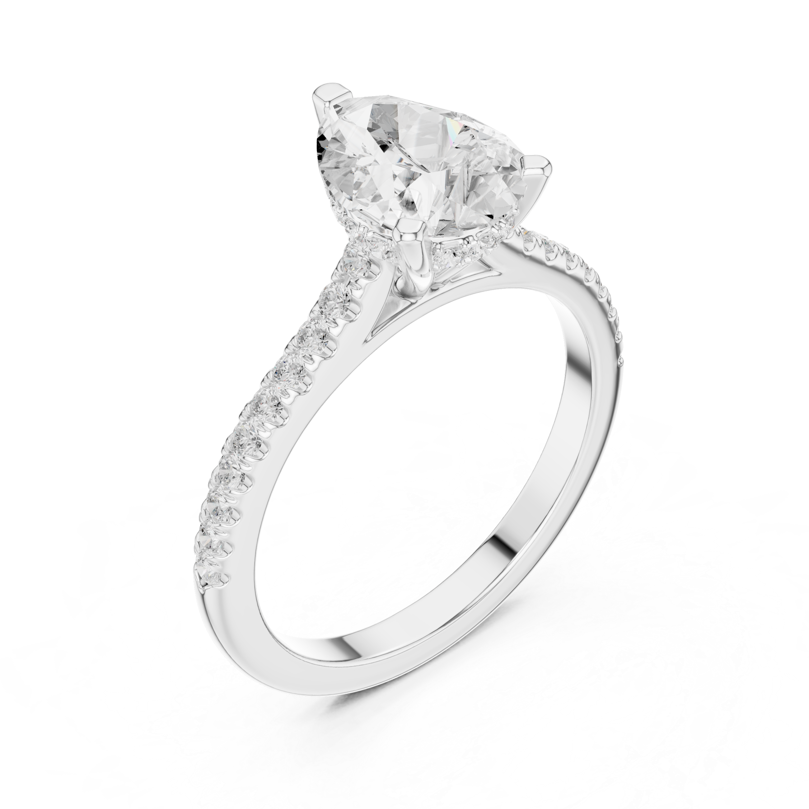 Pear Cut Solitaire Engagement Ring with Pavé Diamond Cathedral Band
