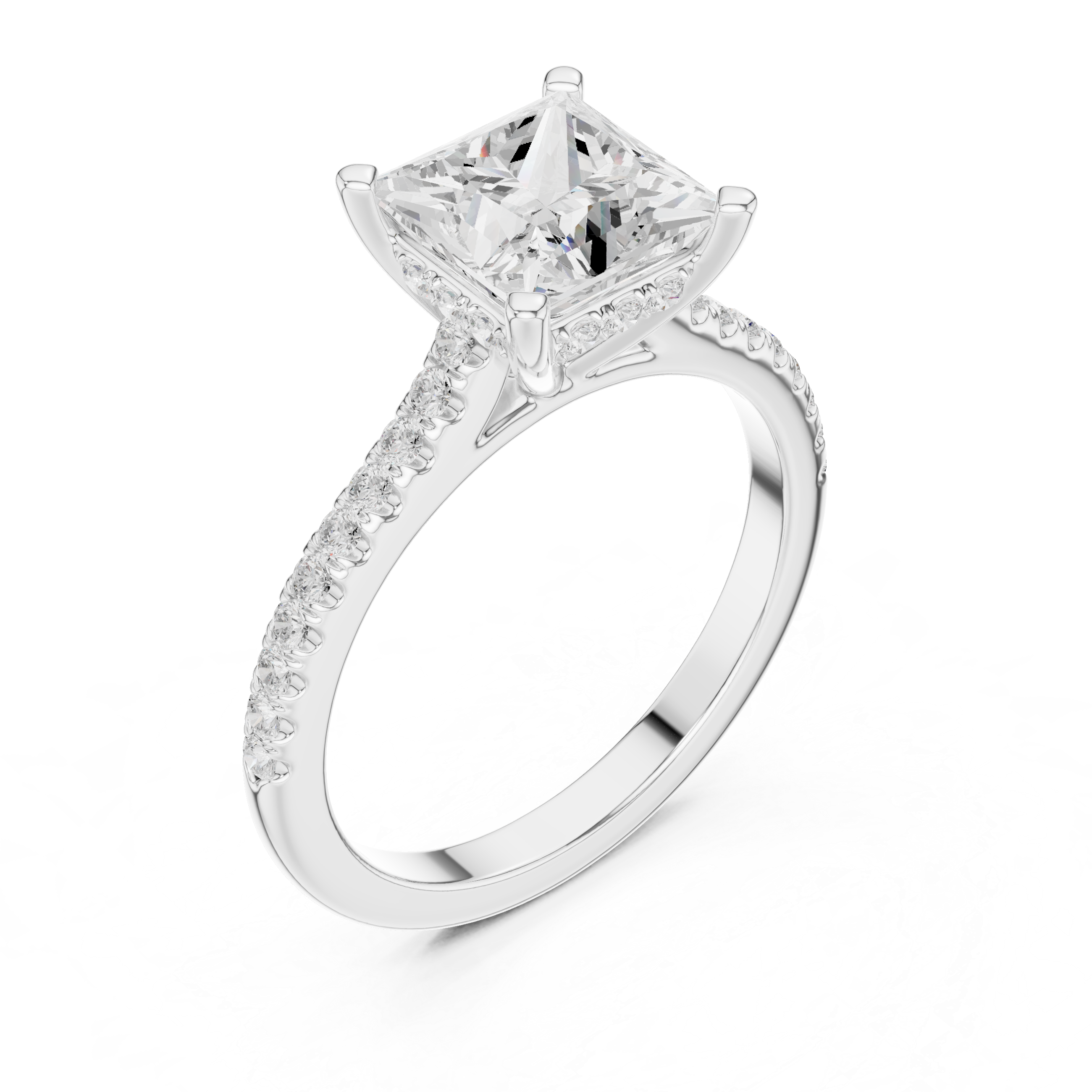 Princess Cut Solitaire Engagement Ring with Pavé Diamond Band and Hidden Halo