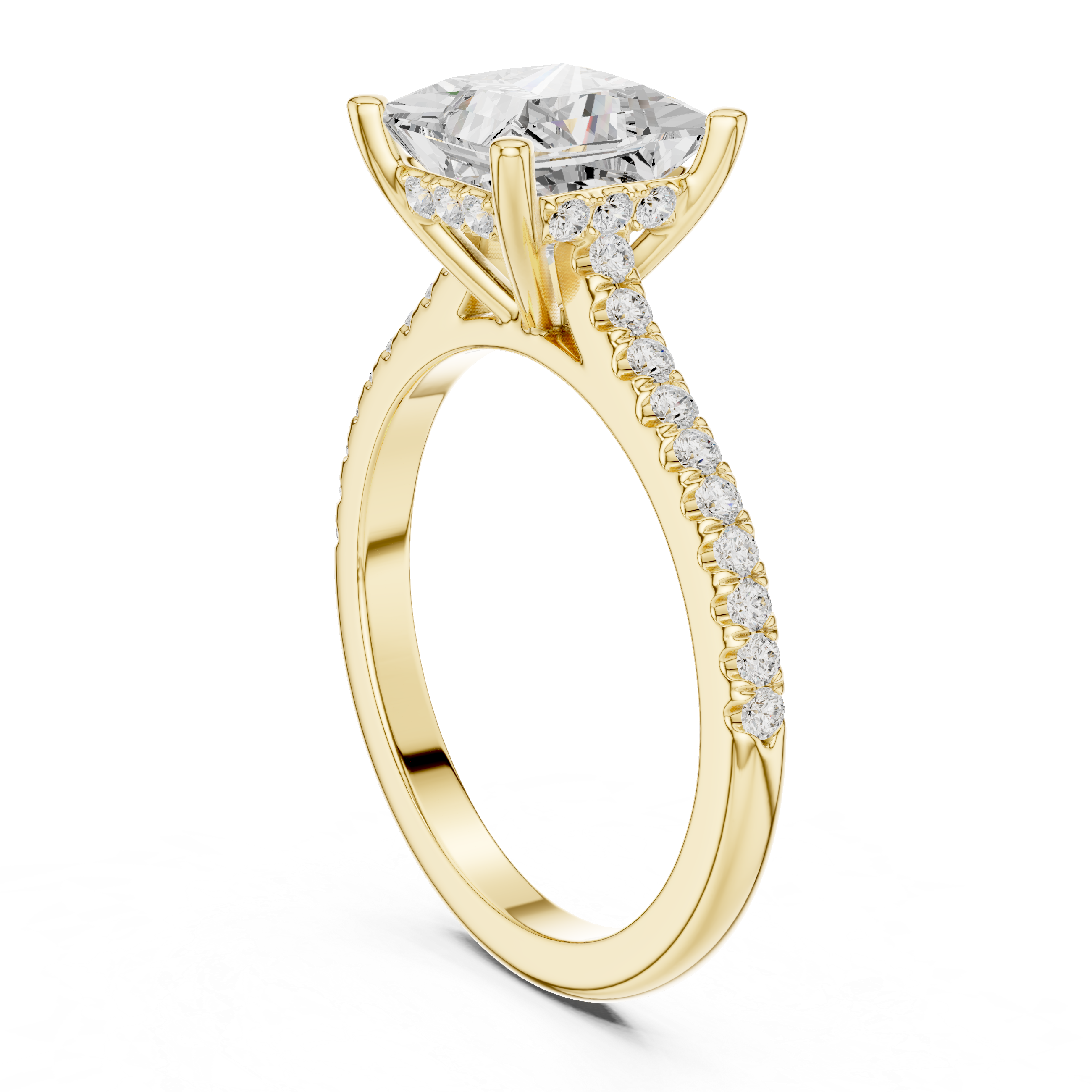 Princess Cut Solitaire Engagement Ring with Pavé Diamond Band and Hidden Halo
