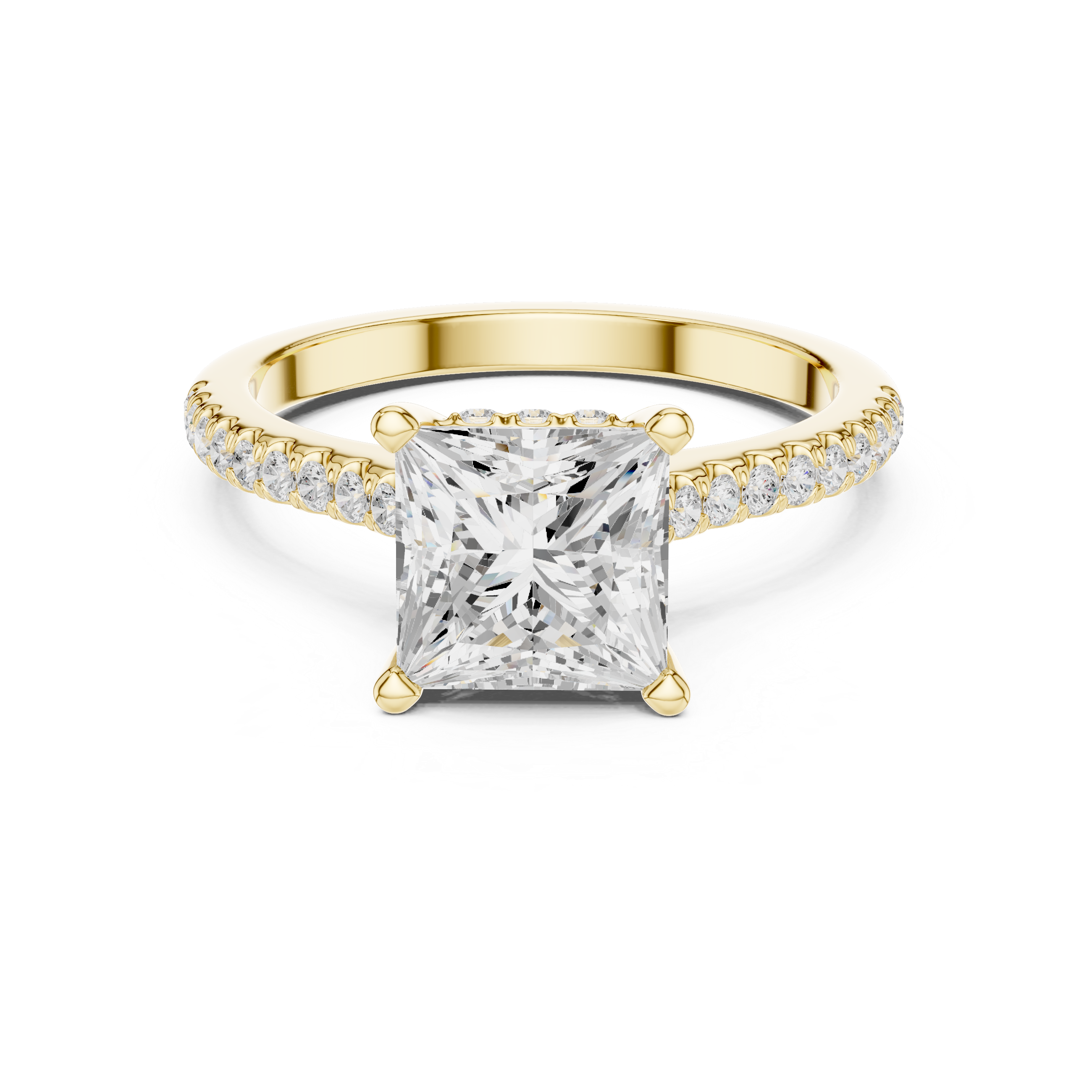 Princess Cut Solitaire Engagement Ring with Pavé Diamond Band and Hidden Halo
