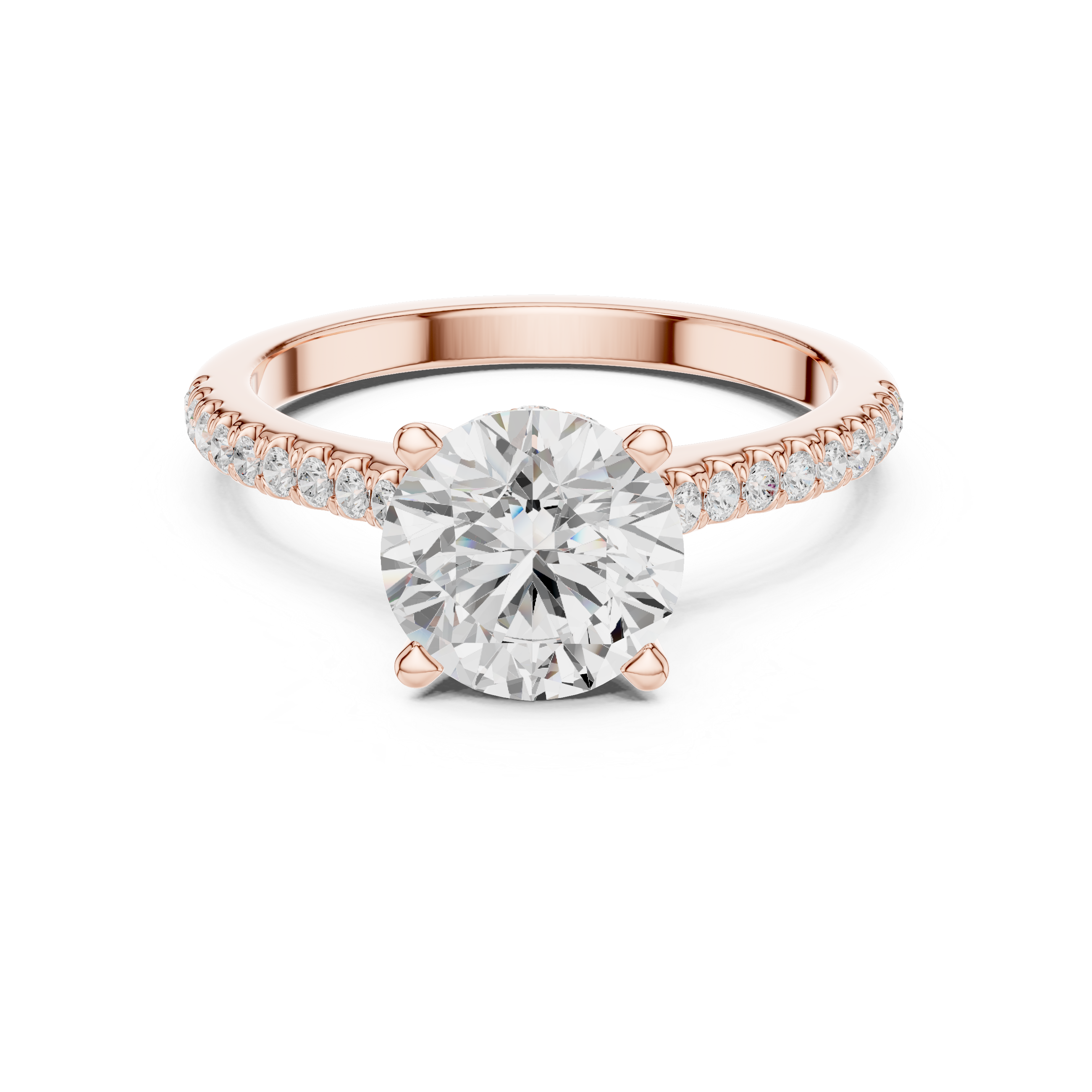 Classic Round Solitaire Engagement Ring with Pavé Diamond Band and Hidden Halo