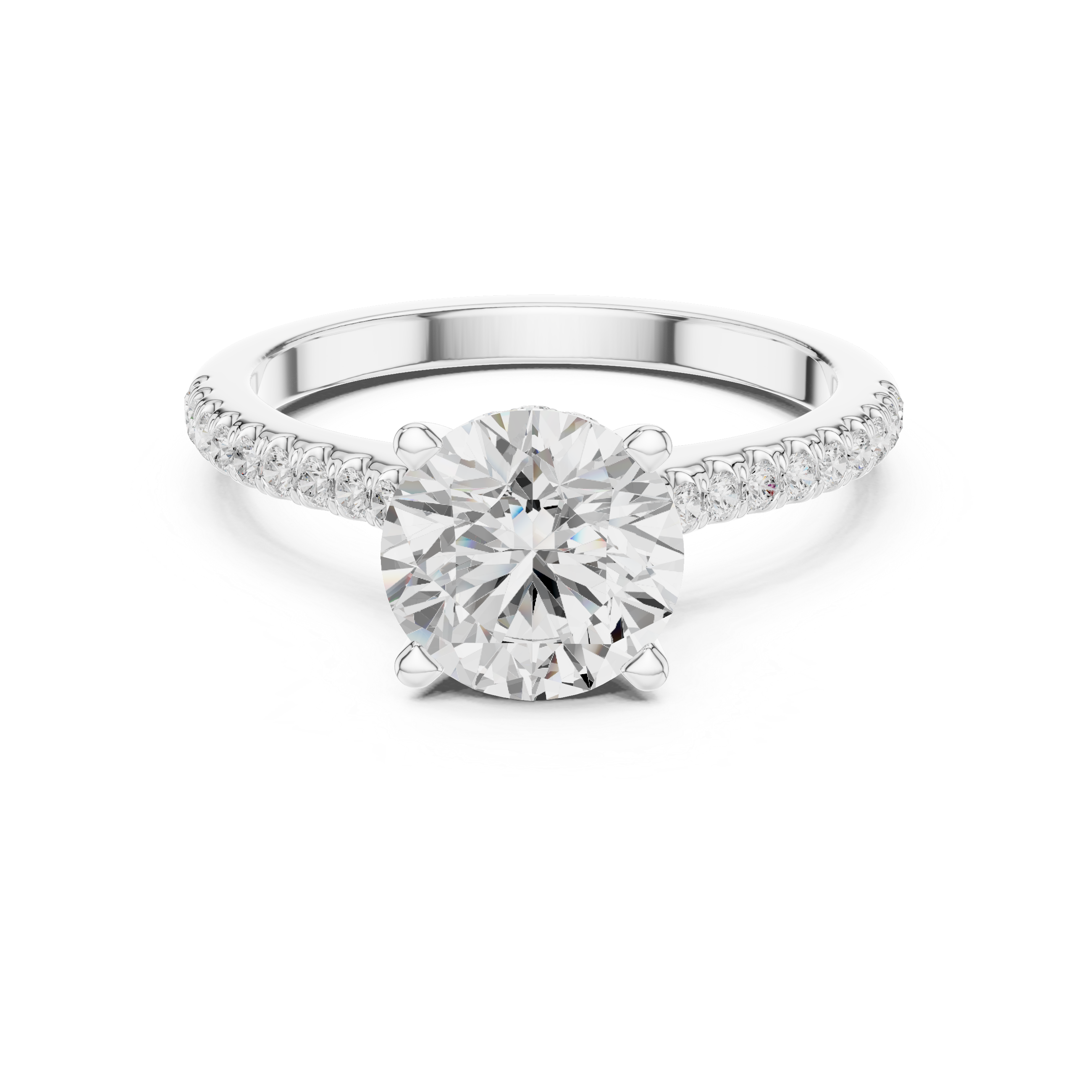 Classic Round Solitaire Engagement Ring with Pavé Diamond Band and Hidden Halo