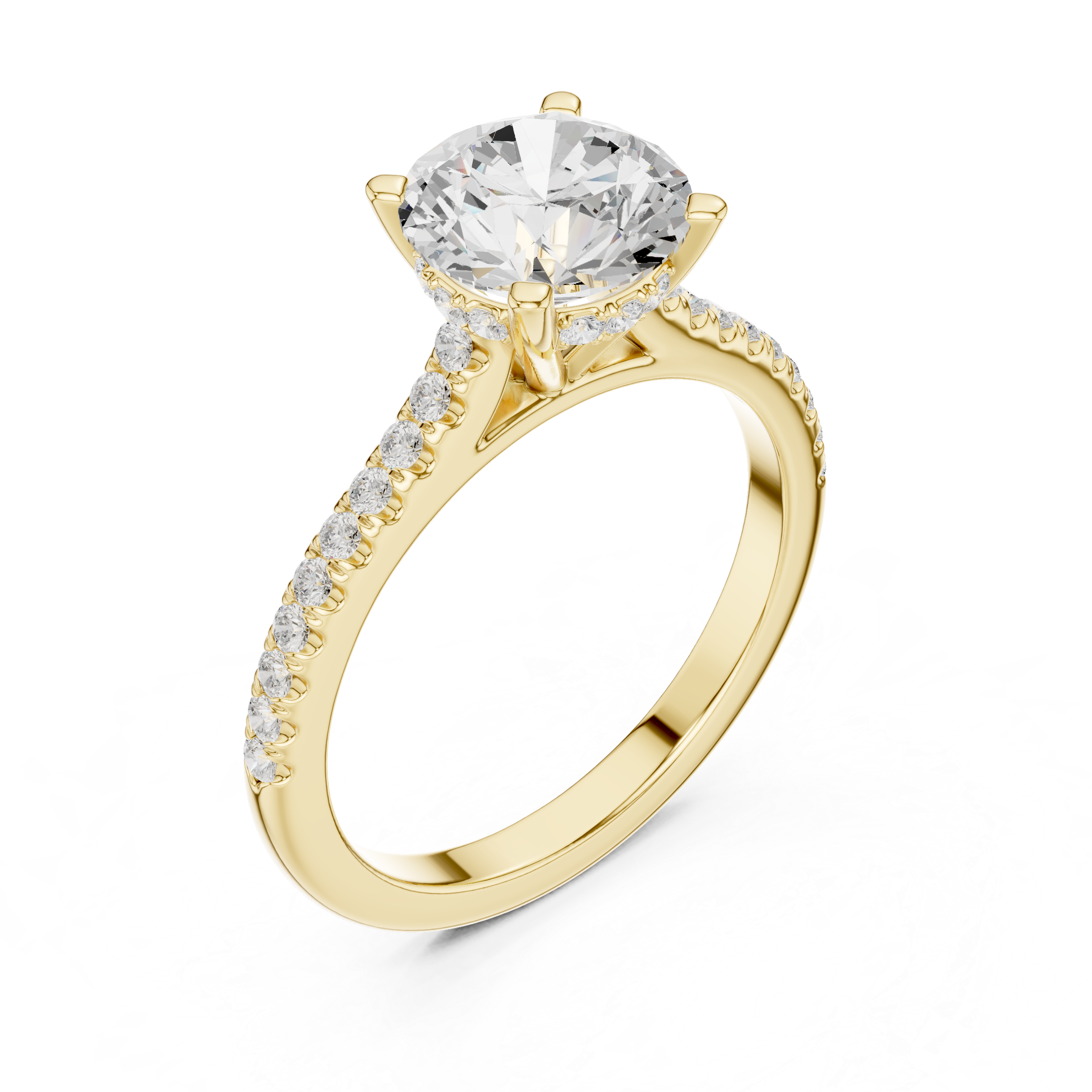 Classic Round Solitaire Engagement Ring with Pavé Diamond Band and Hidden Halo