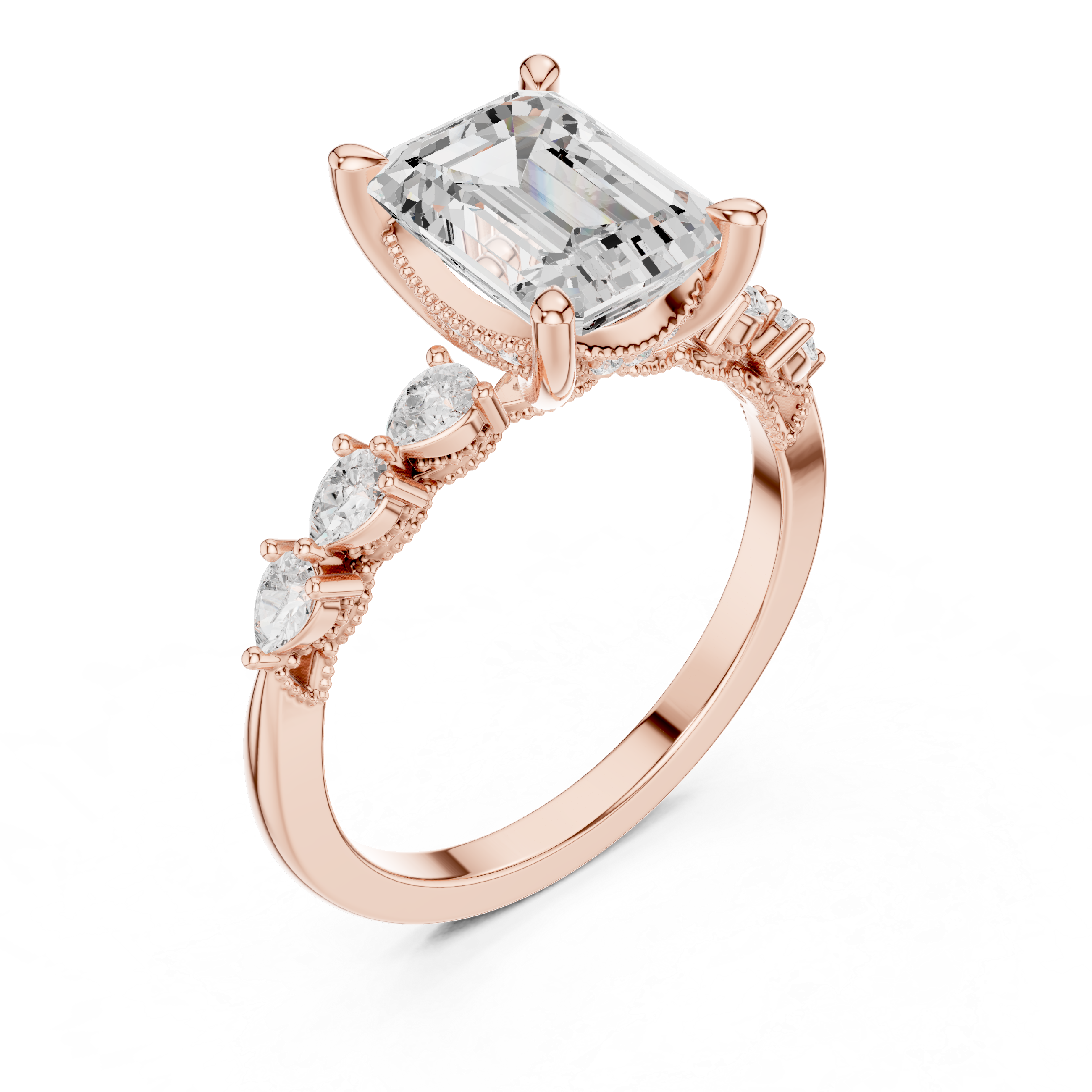 Emerald Cut Engagement Ring with Pear Diamond Side Accents and Hidden Halo