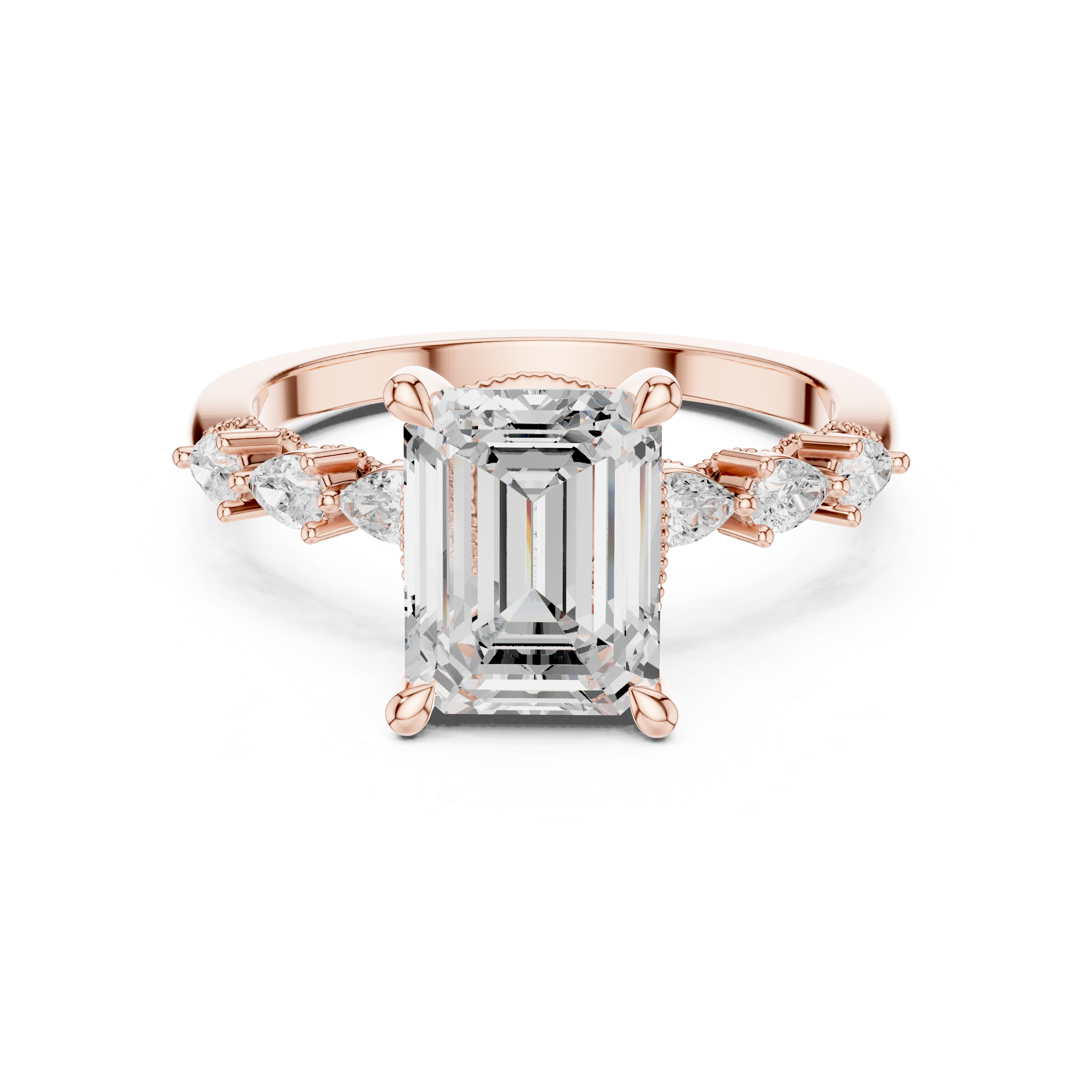 Emerald Cut Engagement Ring with Pear Diamond Side Accents and Hidden Halo