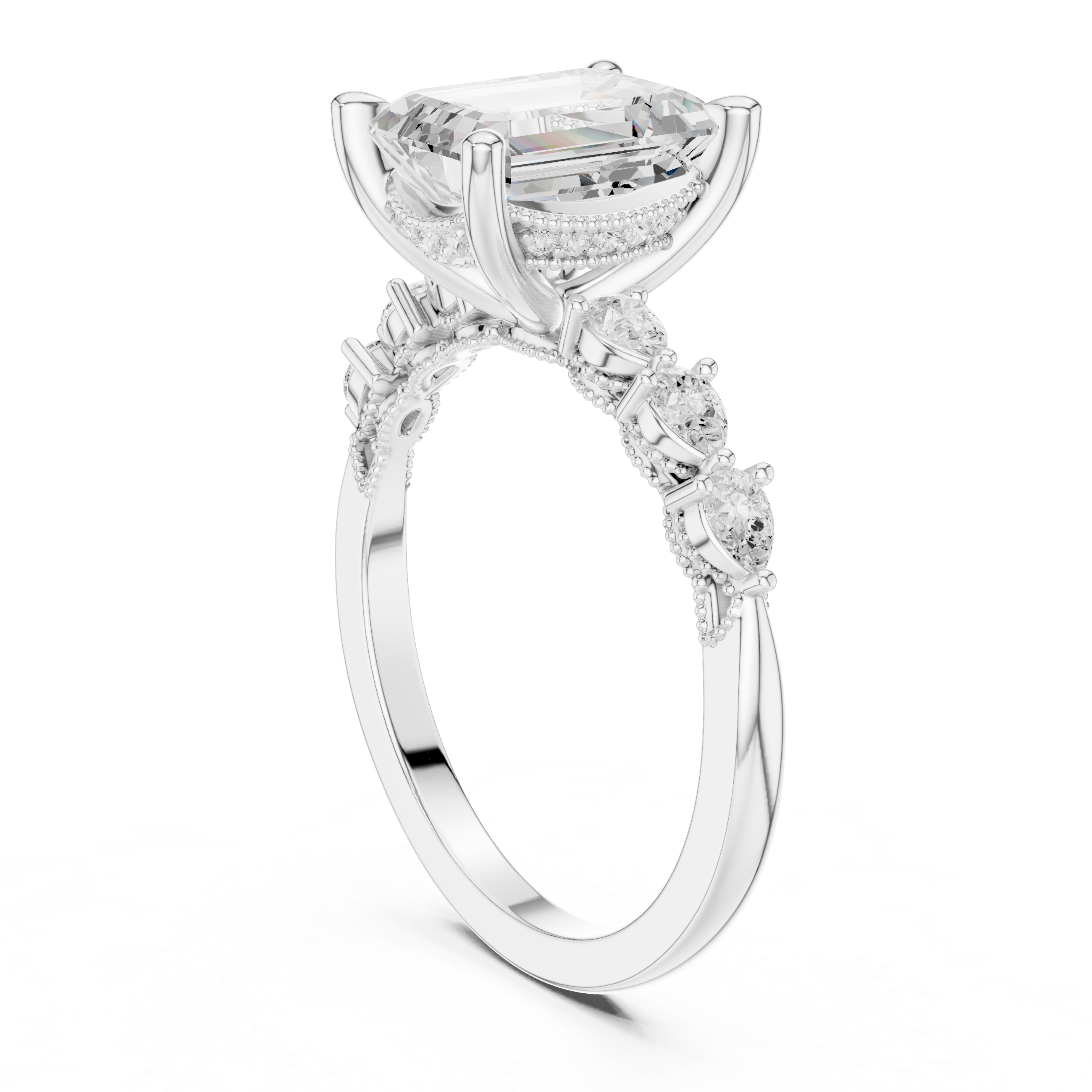 Emerald Cut Engagement Ring with Pear Diamond Side Accents and Hidden Halo