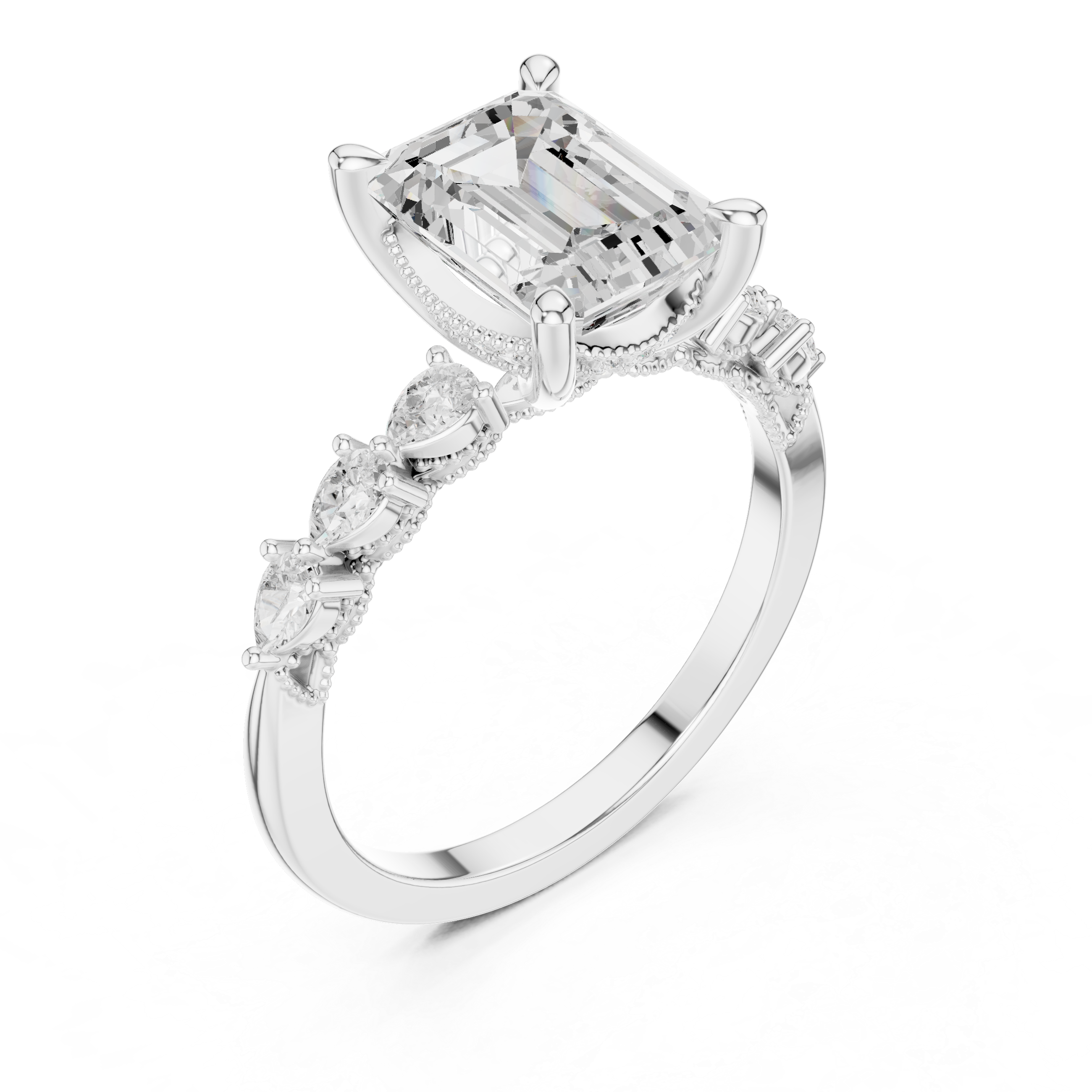 Emerald Cut Engagement Ring with Pear Diamond Side Accents and Hidden Halo