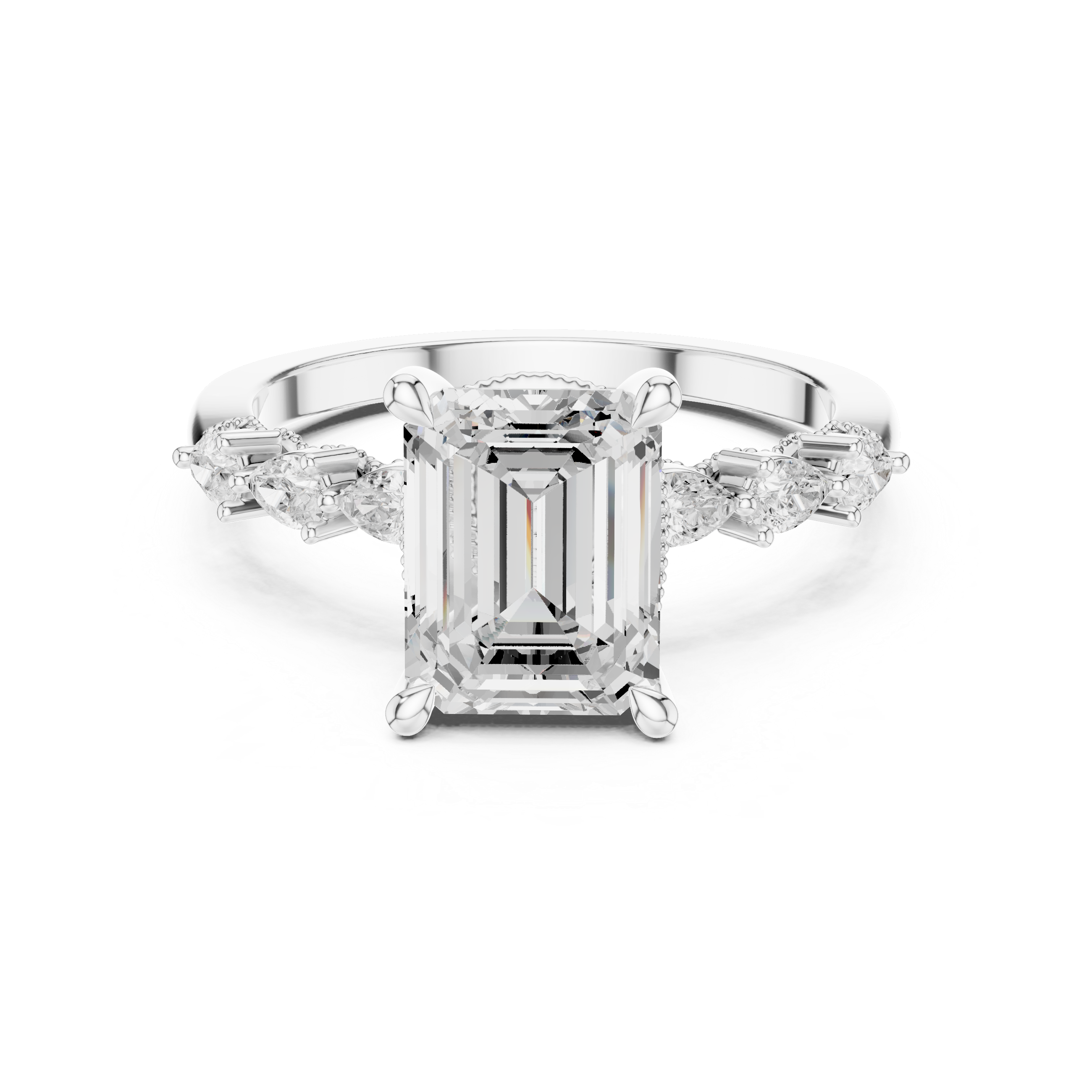 Emerald Cut Engagement Ring with Pear Diamond Side Accents and Hidden Halo