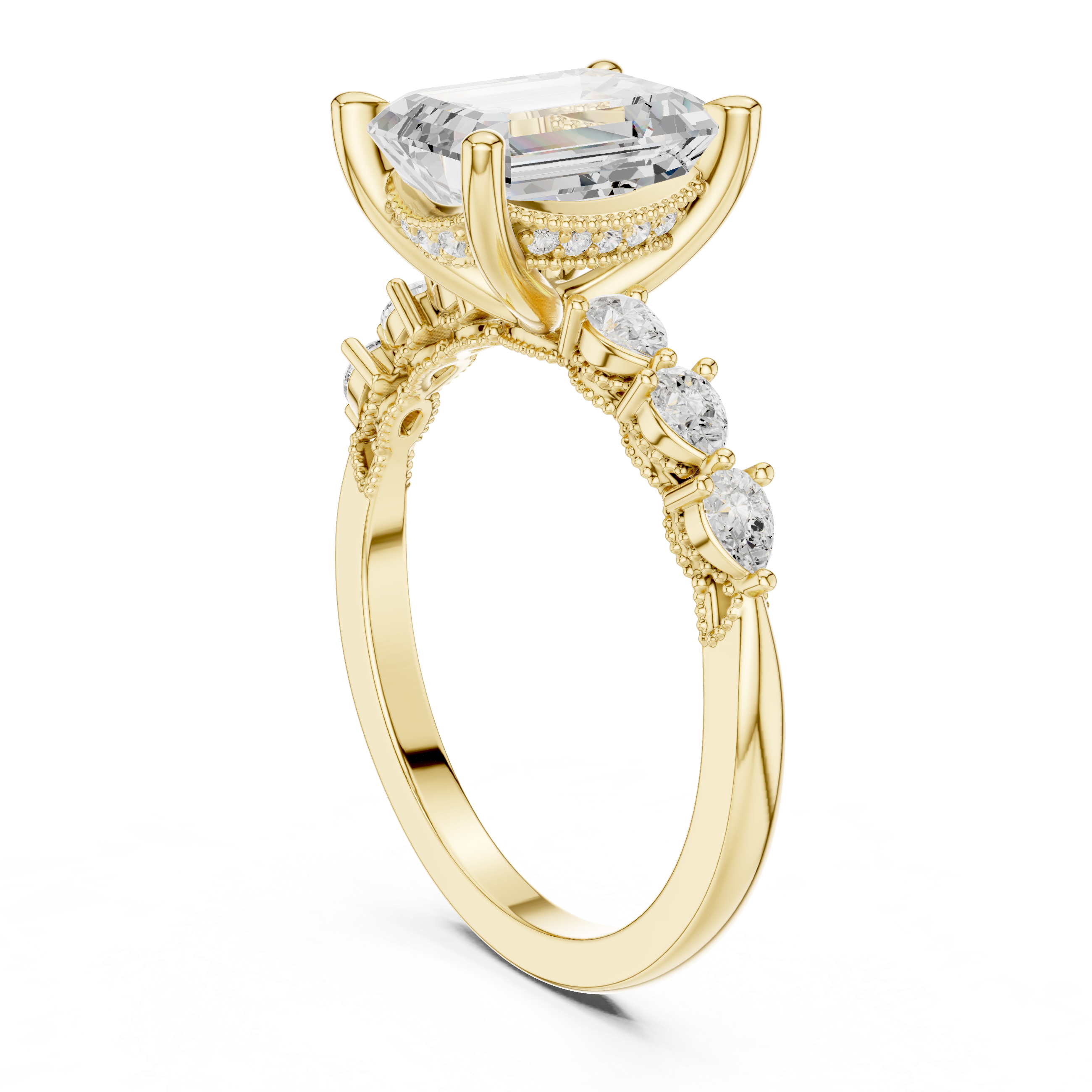 Emerald Cut Engagement Ring with Pear Diamond Side Accents and Hidden Halo