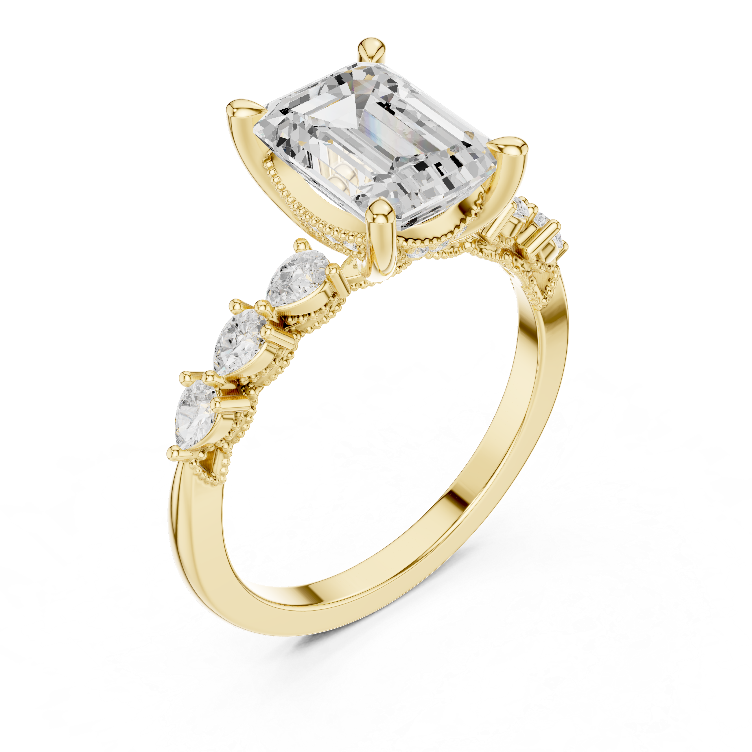 Emerald Cut Engagement Ring with Pear Diamond Side Accents and Hidden Halo