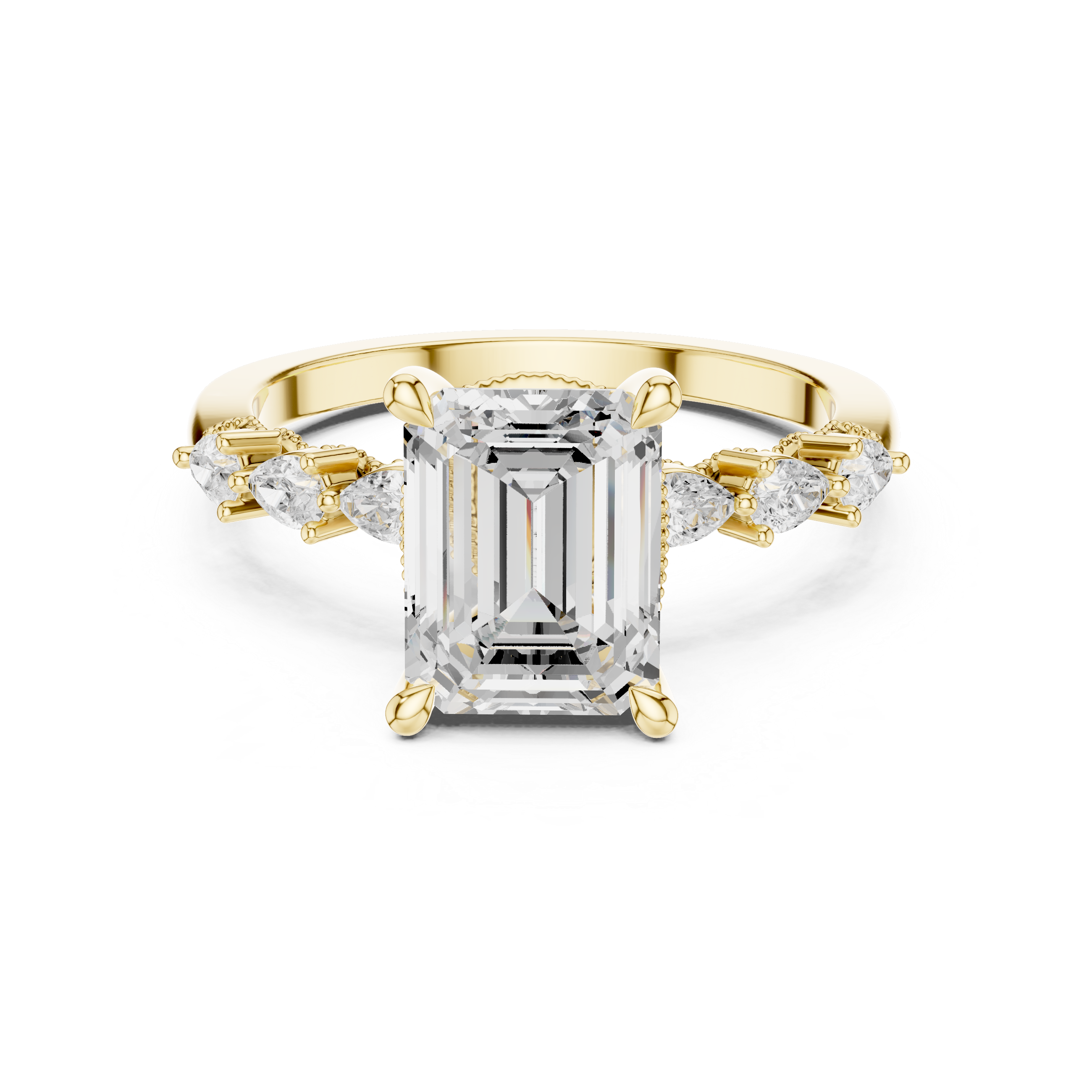 Emerald Cut Engagement Ring with Pear Diamond Side Accents and Hidden Halo