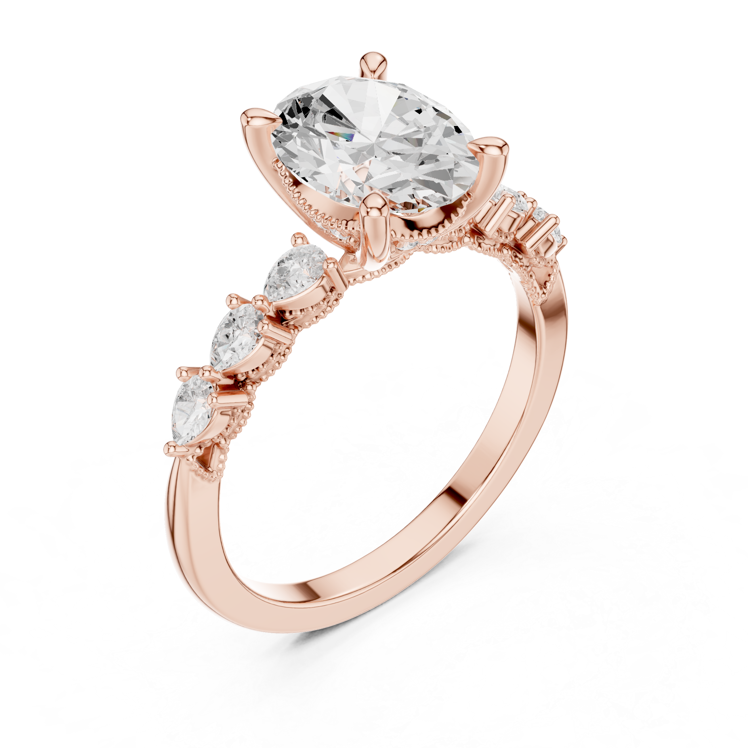 Oval Cut Engagement Ring with Pear Diamond Accents and Hidden Halo Setting