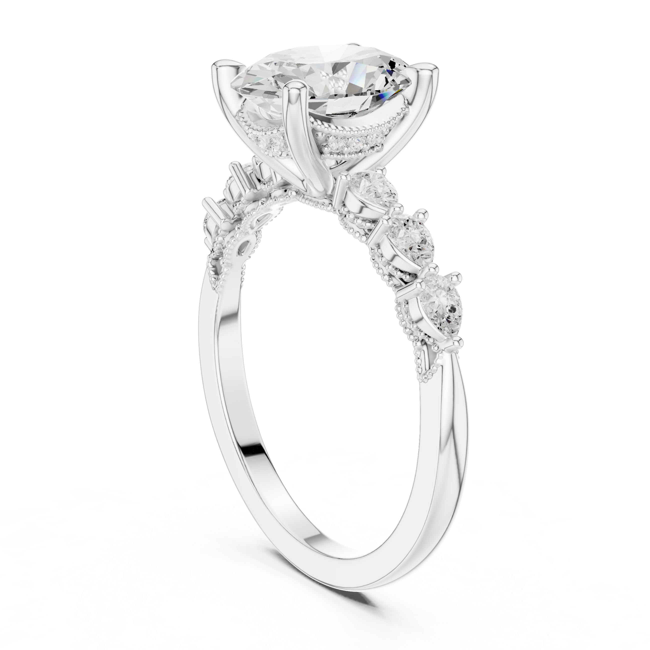 Oval Cut Engagement Ring with Pear Diamond Accents and Hidden Halo Setting