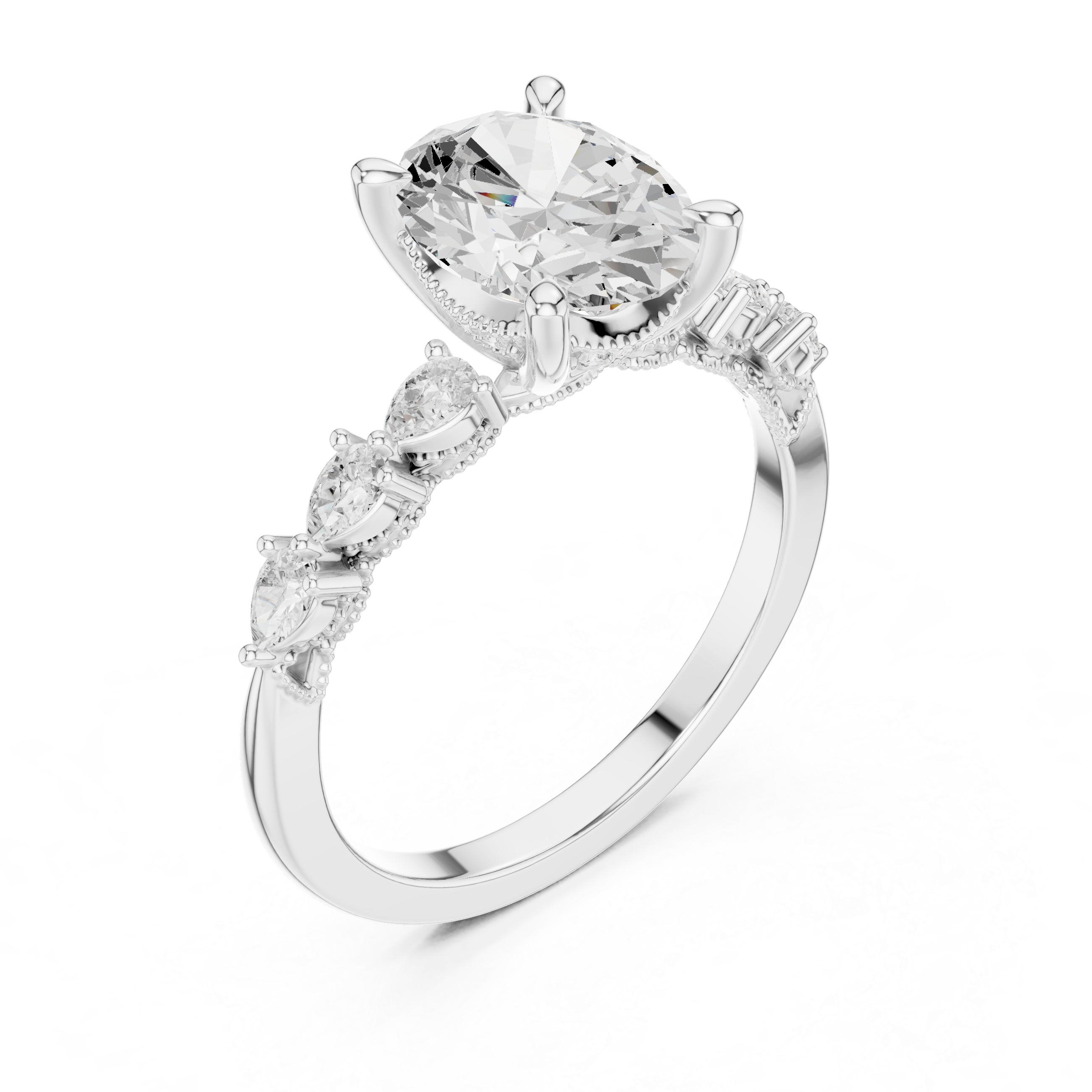 Oval Cut Engagement Ring with Pear Diamond Accents and Hidden Halo Setting
