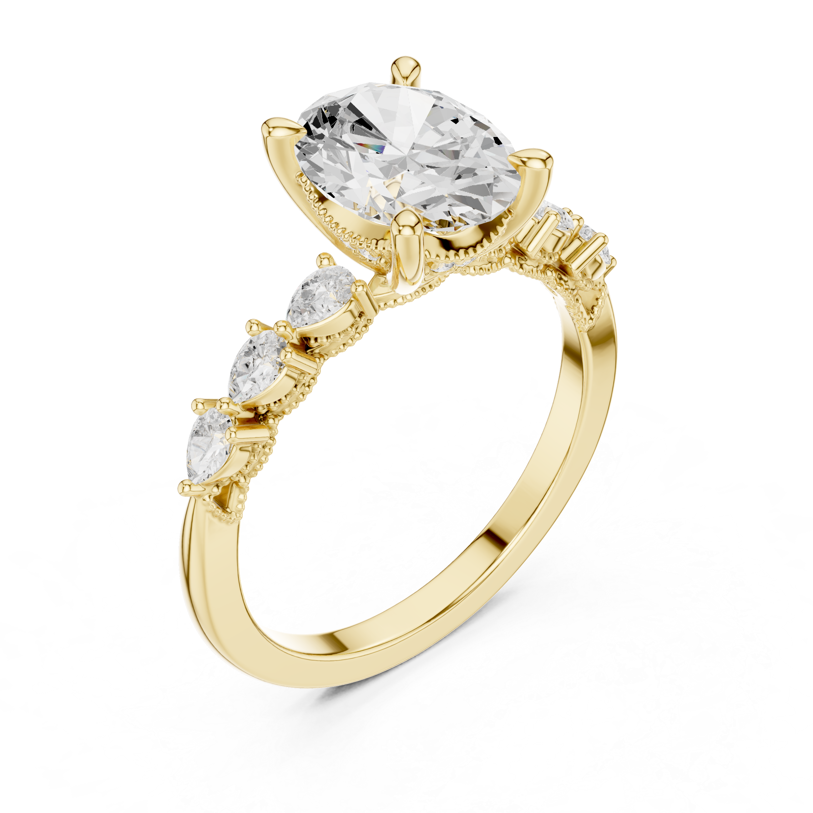 Oval Cut Engagement Ring with Pear Diamond Accents and Hidden Halo Setting