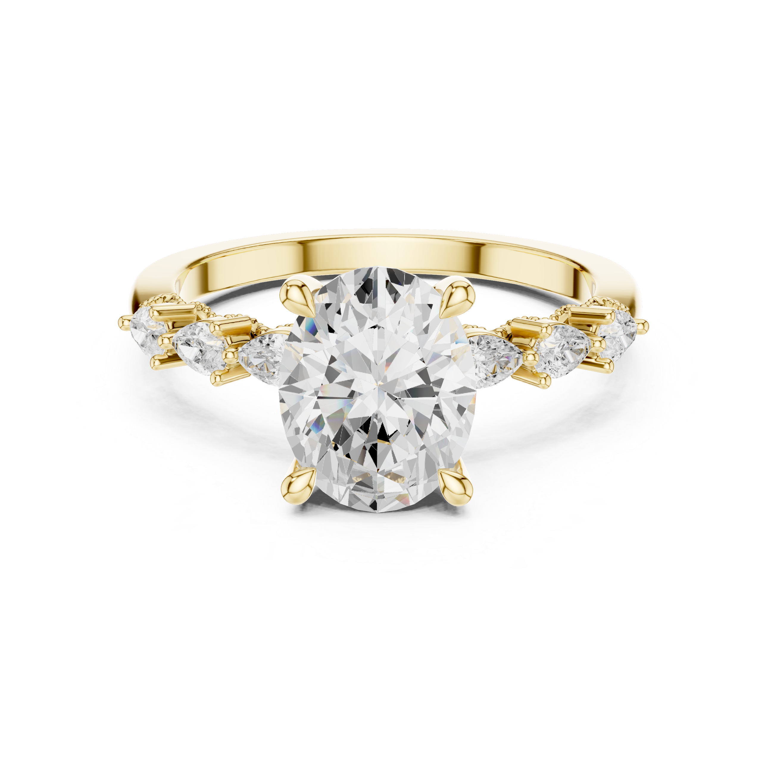 Oval Cut Engagement Ring with Pear Diamond Accents and Hidden Halo Setting