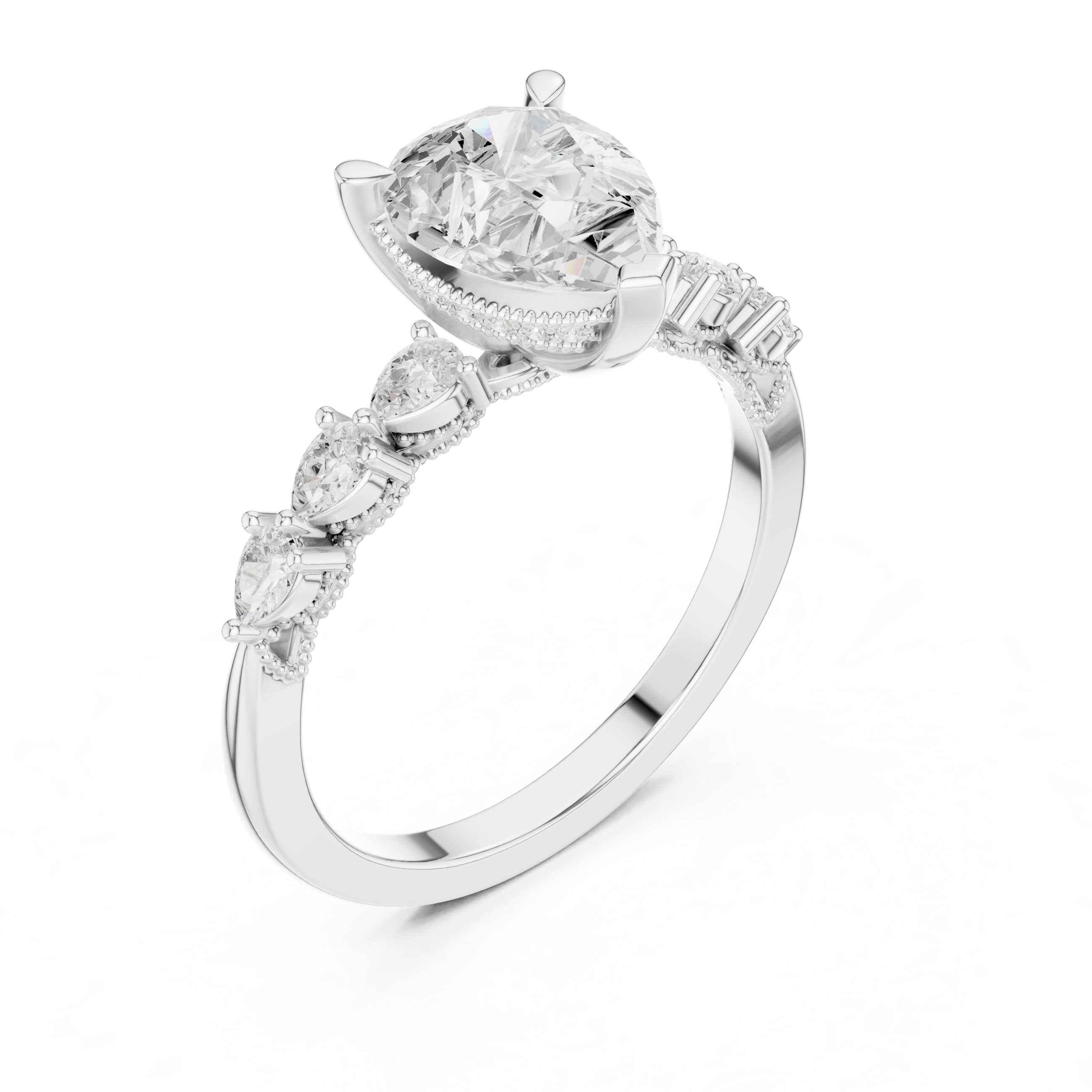 Pear Cut Engagement Ring with Hidden Halo and Pear Diamond Side Accents