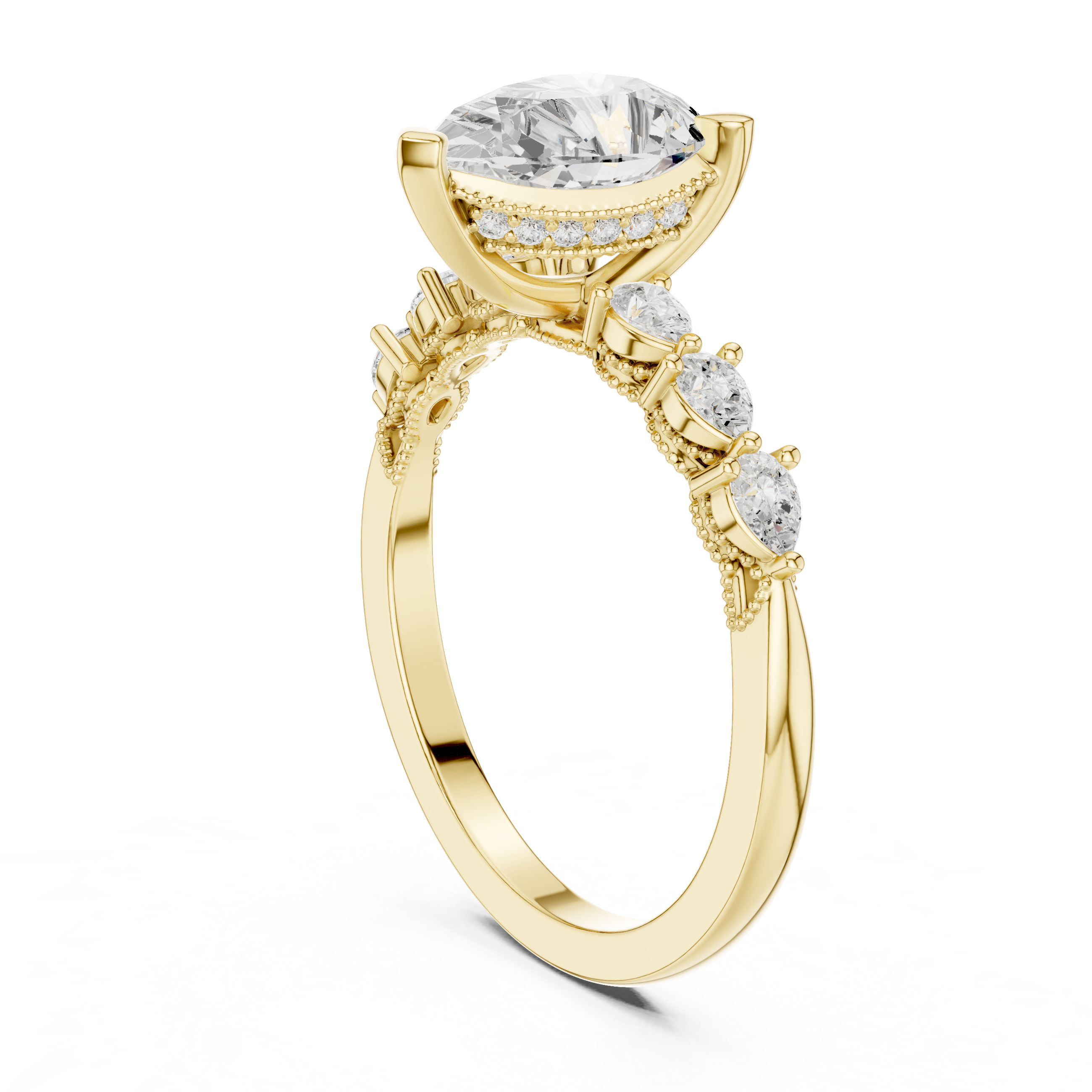 Pear Cut Engagement Ring with Hidden Halo and Pear Diamond Side Accents