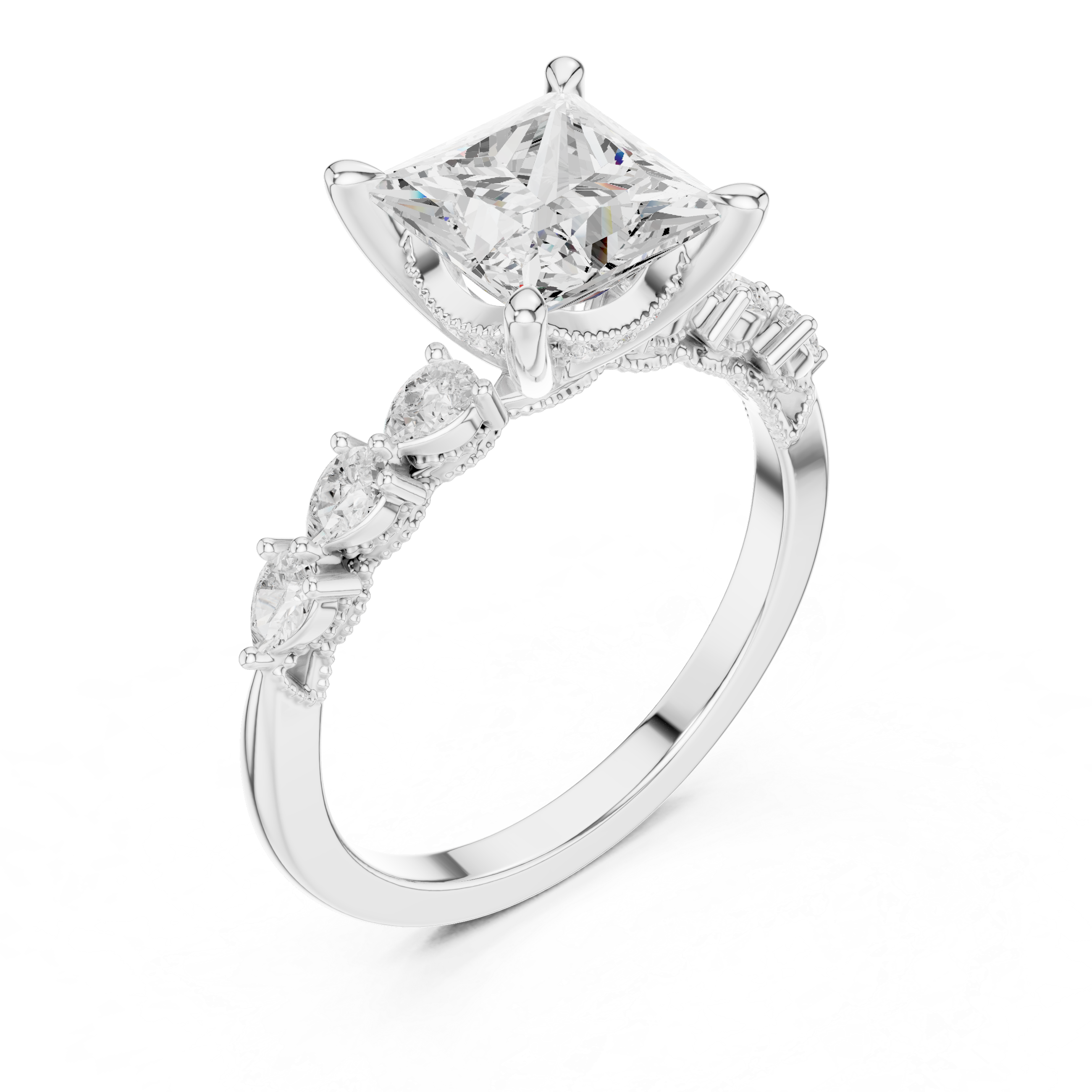 Princess Cut Engagement Ring with Pear Diamond Accents and Hidden Halo Gallery