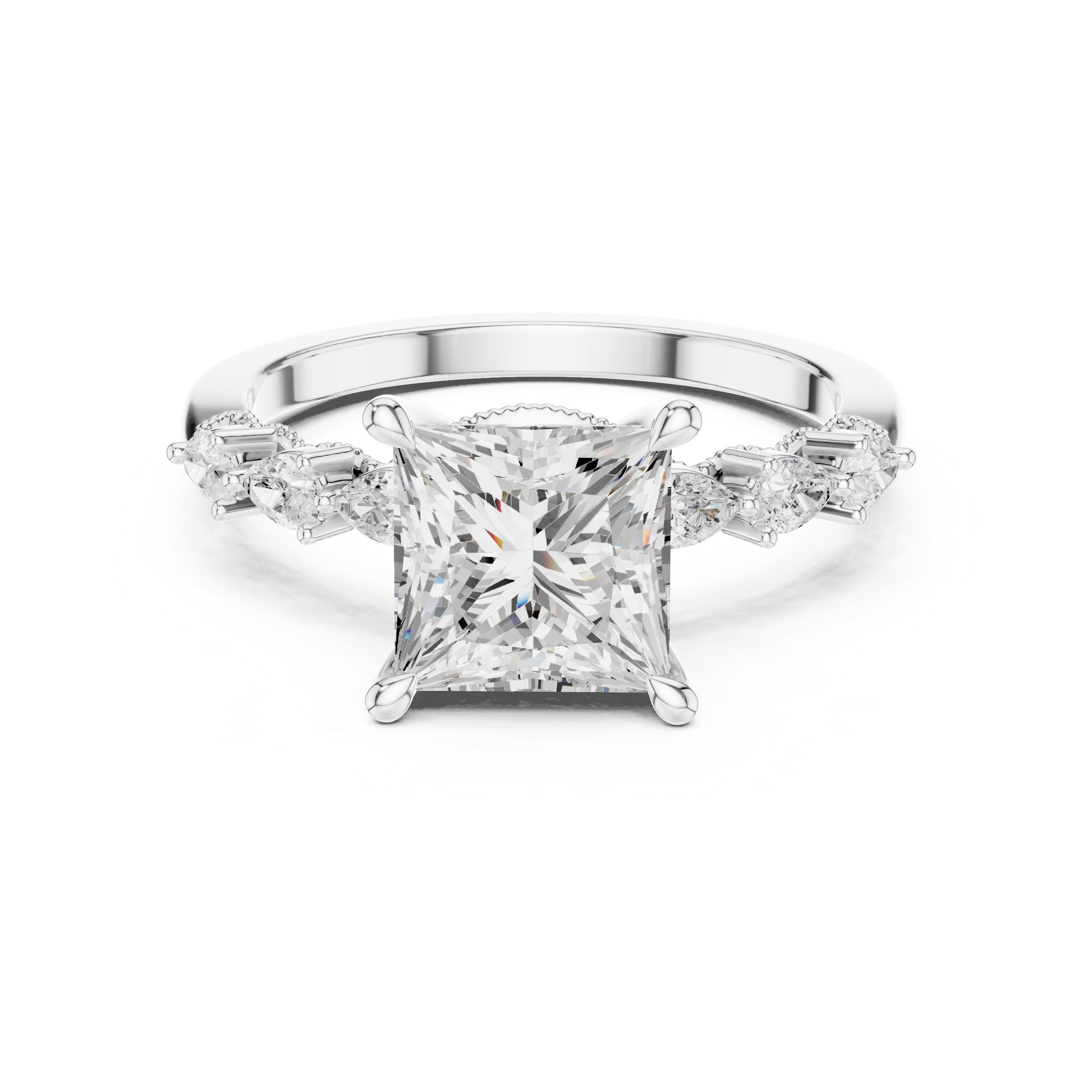 Princess Cut Engagement Ring with Pear Diamond Accents and Hidden Halo Gallery