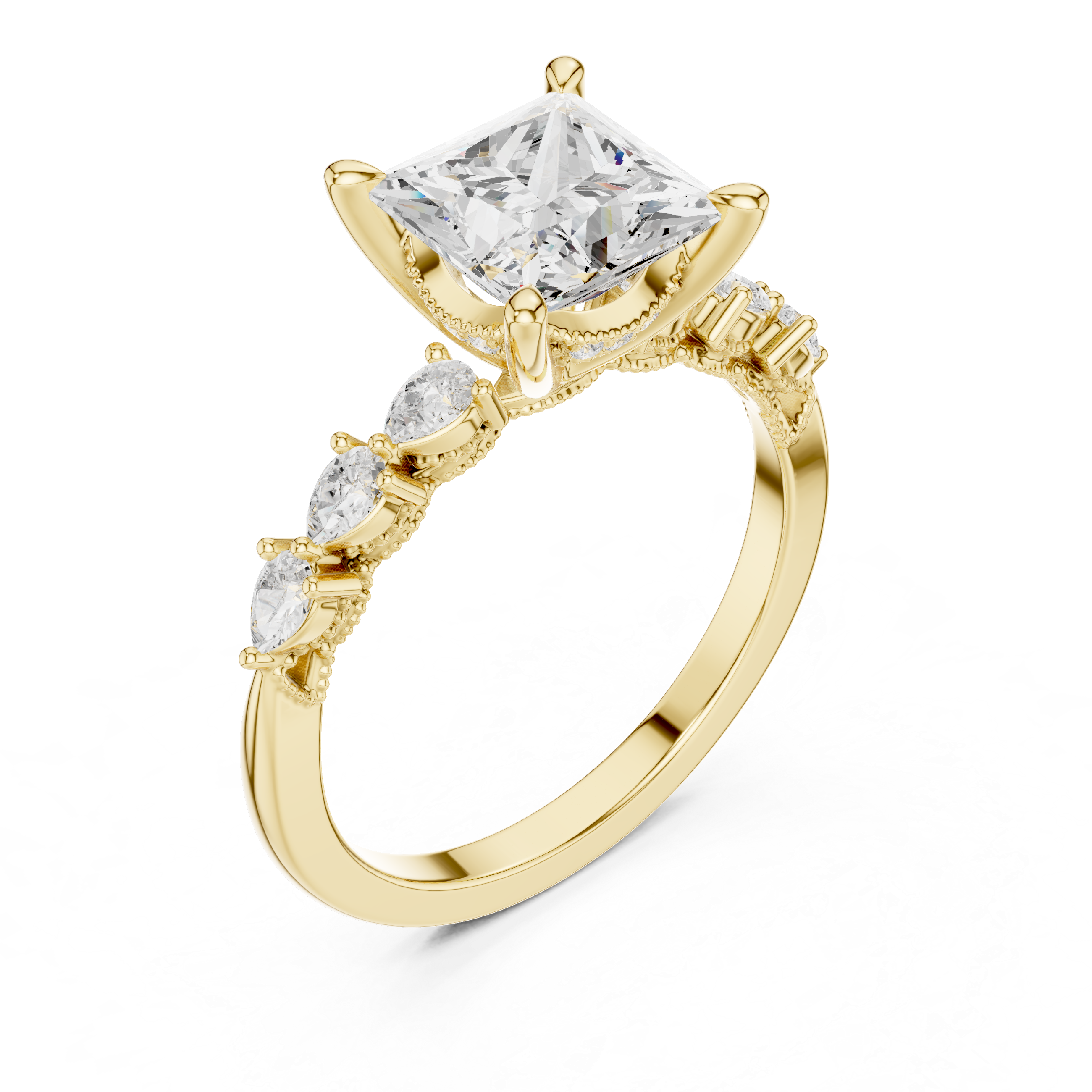 Princess Cut Engagement Ring with Pear Diamond Accents and Hidden Halo Gallery