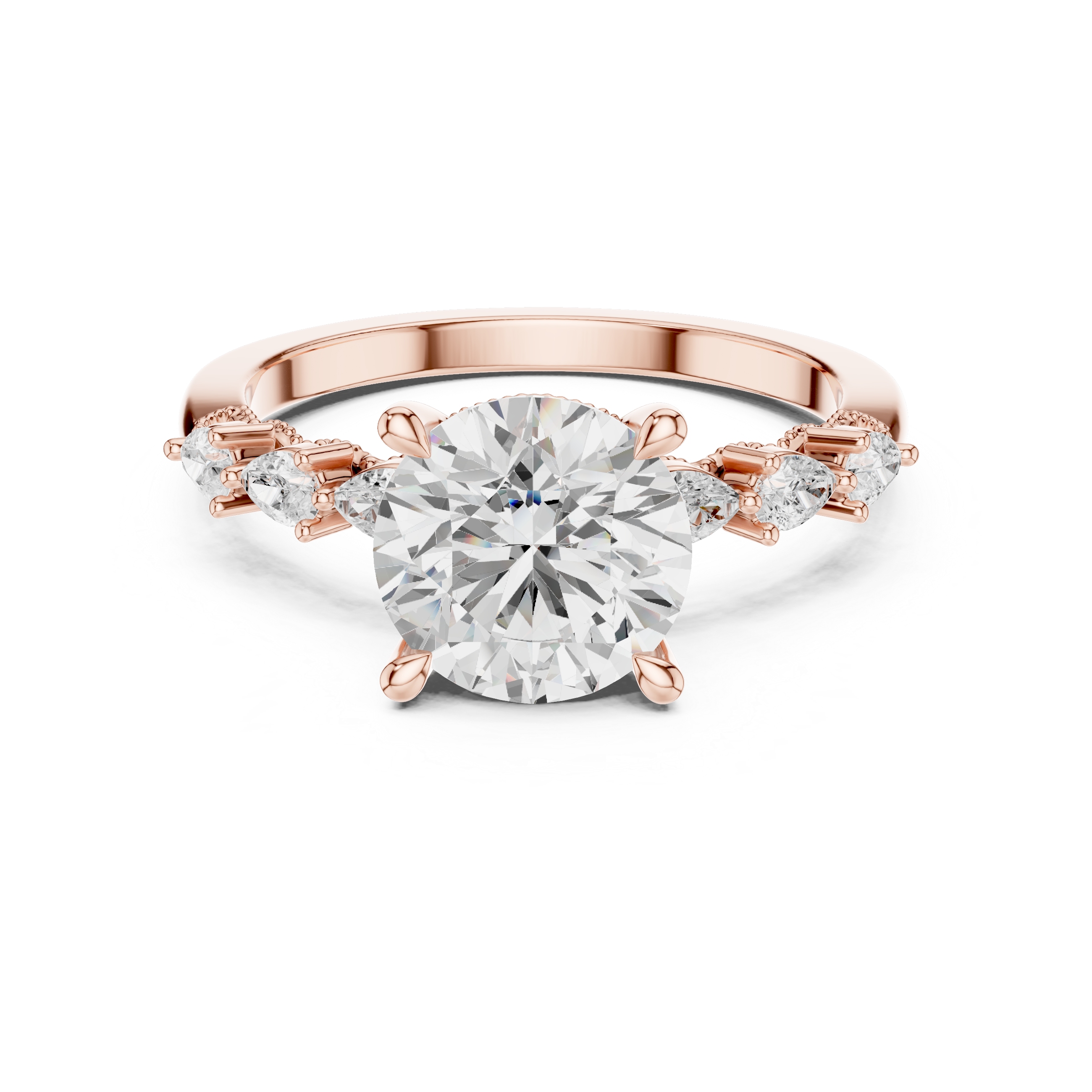 Round Cut Engagement Ring with Pear Diamond Accents and Hidden Halo Gallery