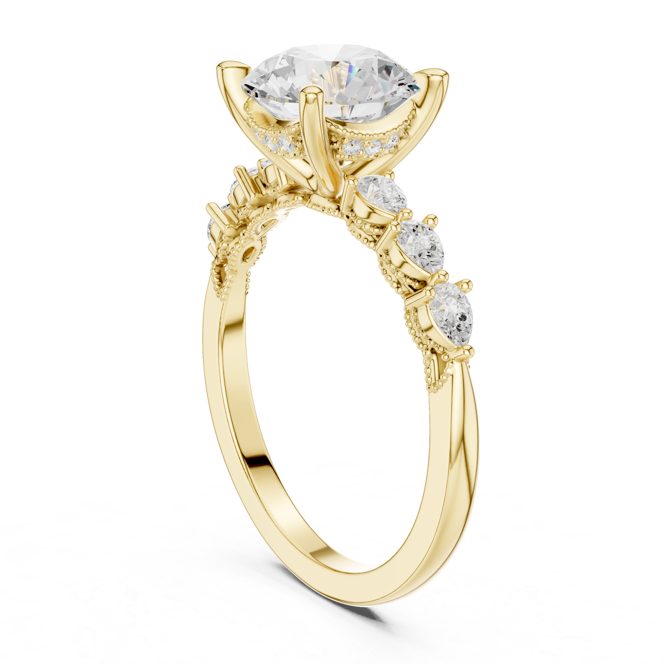 Round Cut Engagement Ring with Pear Diamond Accents and Hidden Halo Gallery