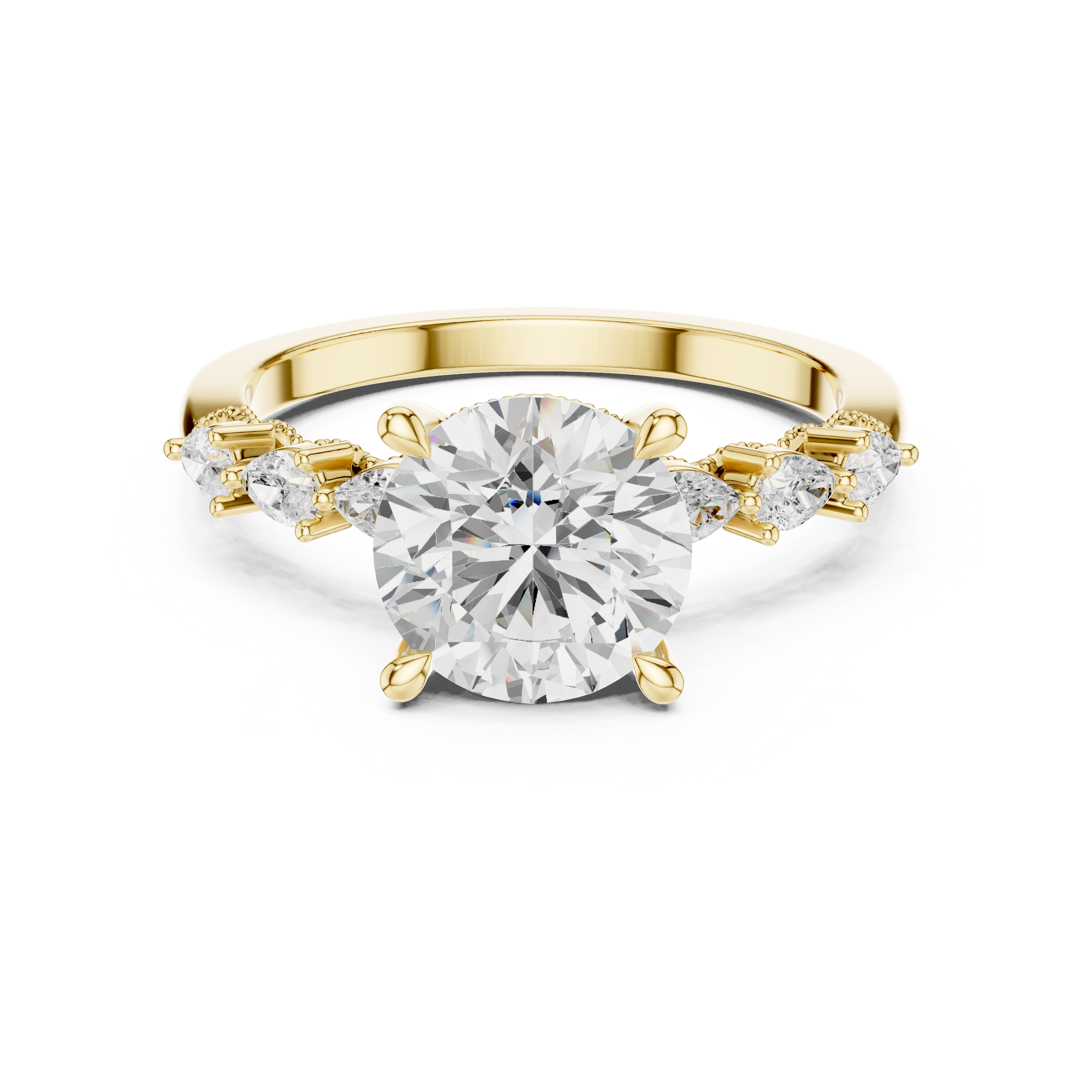 Round Cut Engagement Ring with Pear Diamond Accents and Hidden Halo Gallery
