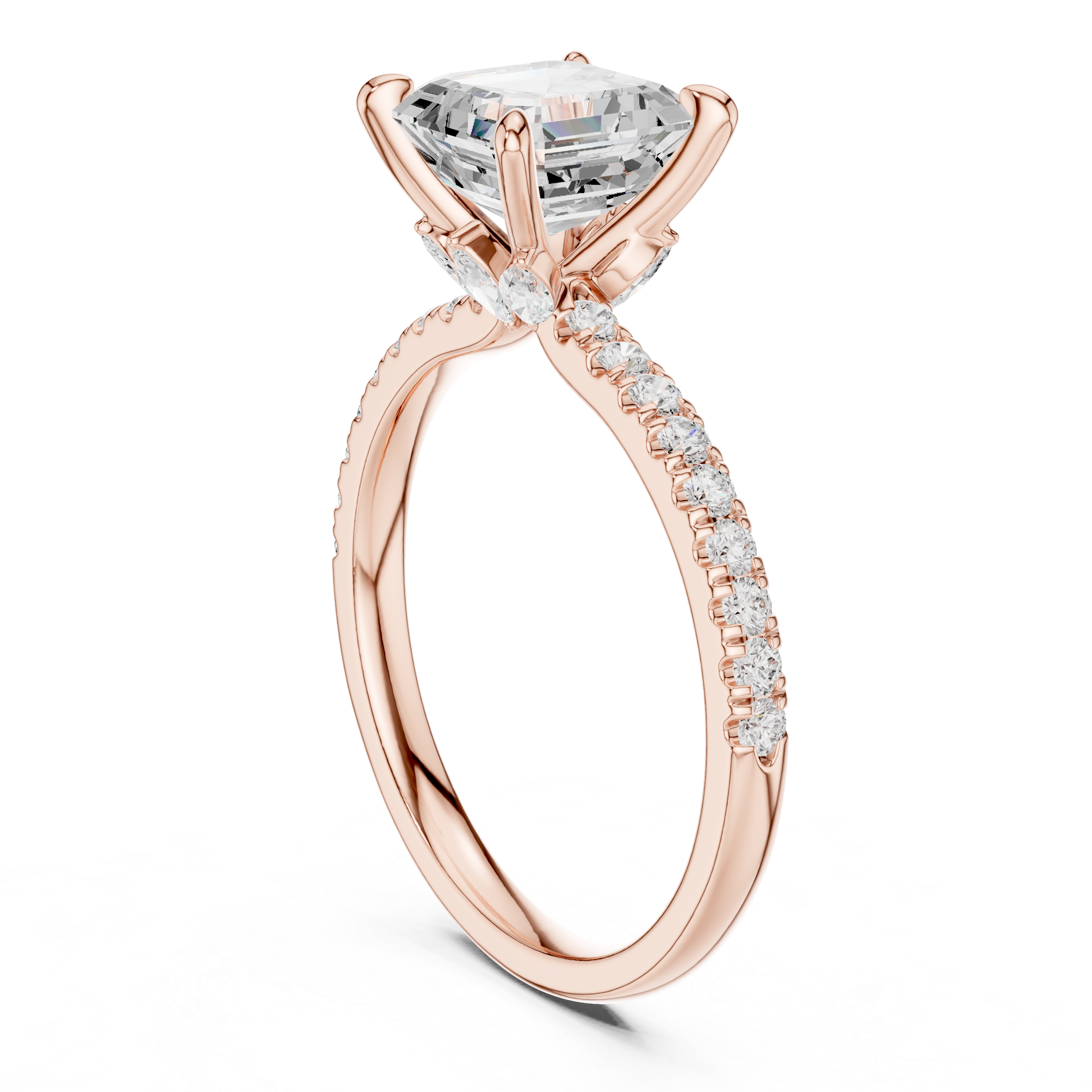 Asscher Cut Engagement Ring with Hidden Marquise Diamond Gallery and Pavé Band
