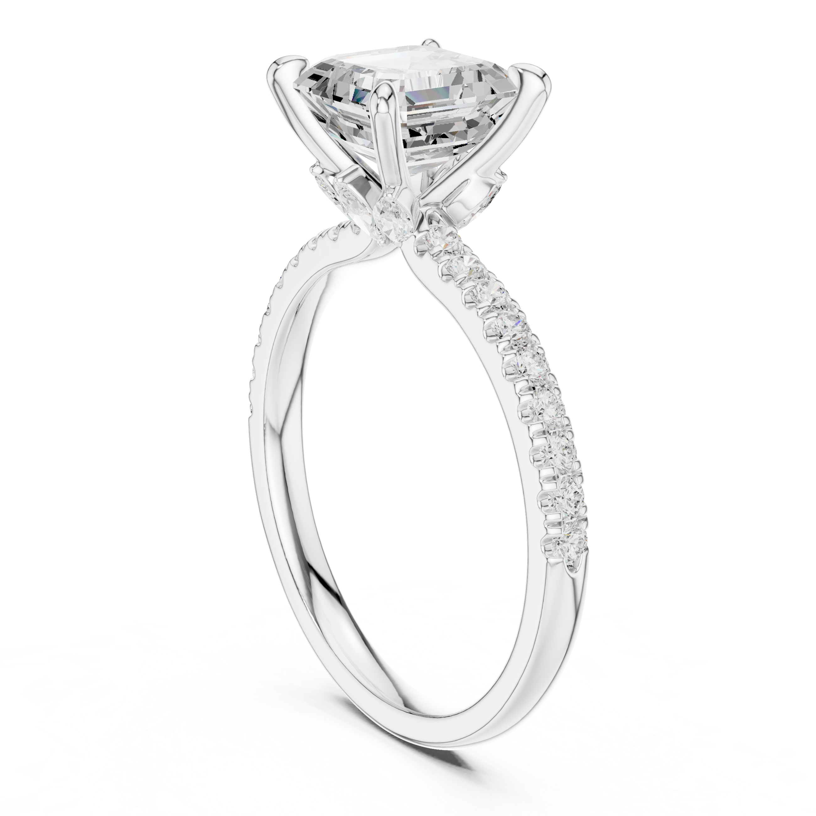 Asscher Cut Engagement Ring with Hidden Marquise Diamond Gallery and Pavé Band
