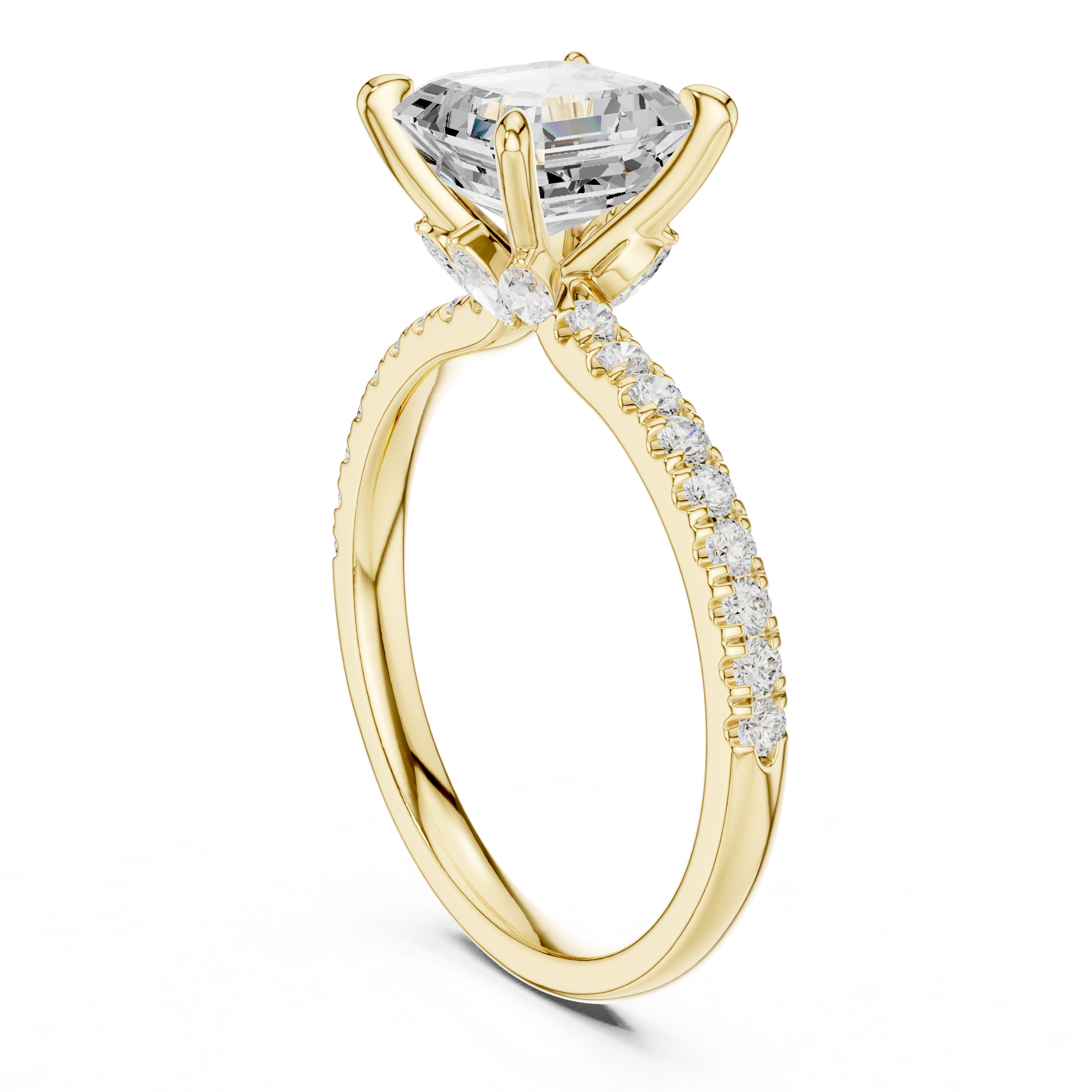 Asscher Cut Engagement Ring with Hidden Marquise Diamond Gallery and Pavé Band