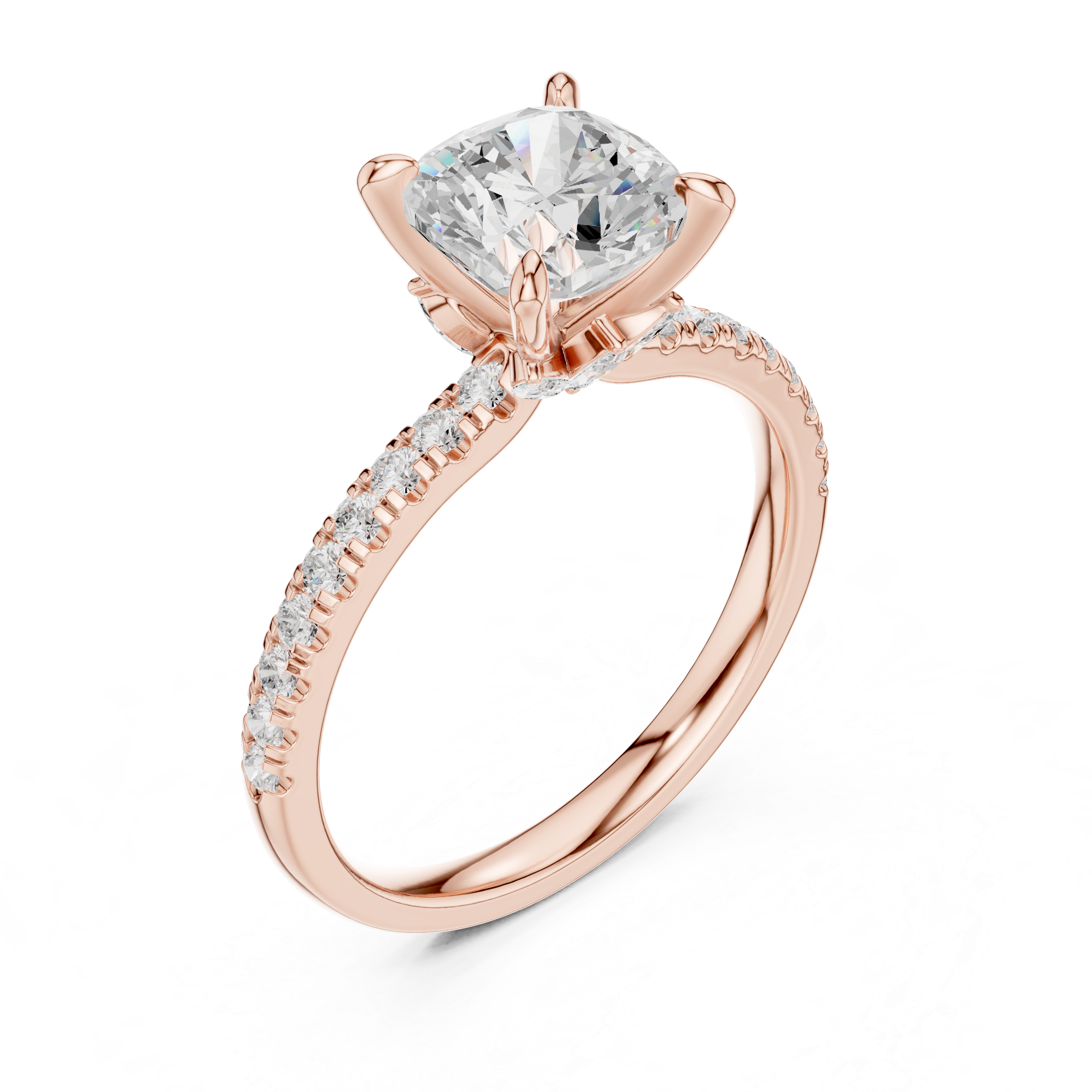 Cushion Cut Engagement Ring with Hidden Marquise Gallery and Pavé Diamond Band
